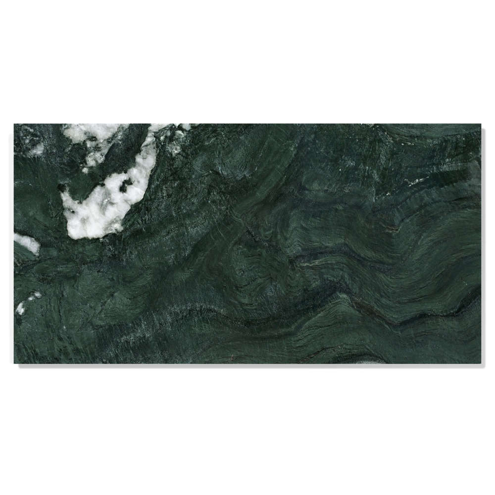 Close-up of Diamond Green polished marble tile 12x24 inch, featuring authentic emerald hues and exquisite white veining for luxury wall and floor application.
