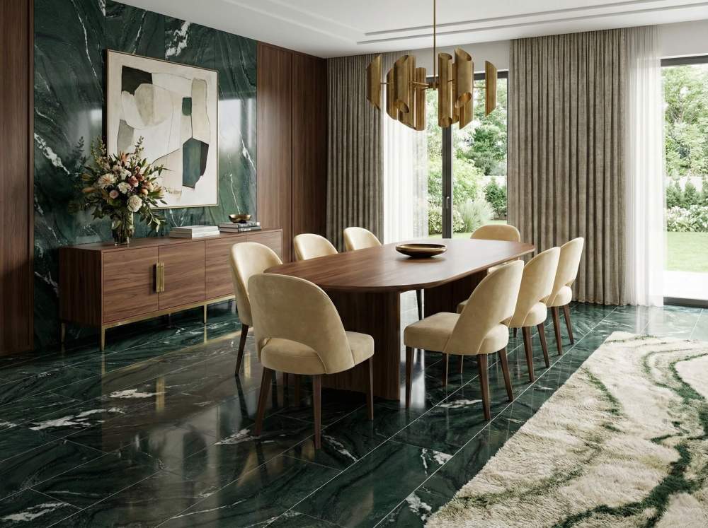 Elegant dining room showcasing 12x24 Diamond Green marble tiles used for both high-gloss flooring and a striking accent feature wall behind the buffet.