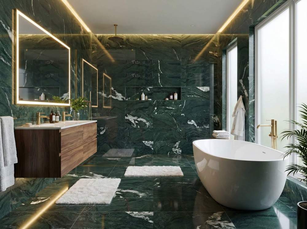 Luxury modern bathroom featuring Diamond Green polished marble tiles on both walls and floors, complemented by a floating walnut vanity and LED mirror.