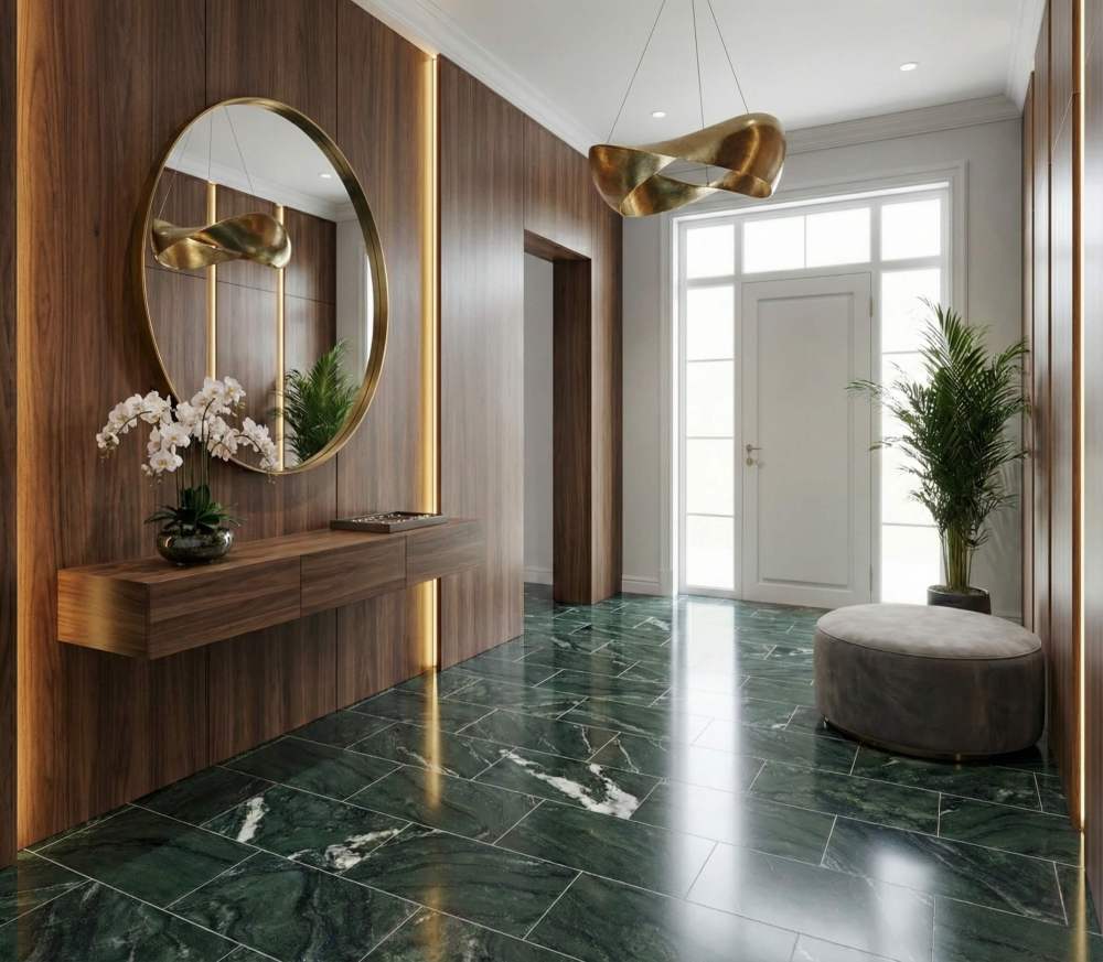 Elegant foyer entrance design showcasing Diamond Green polished marble tiles, paired with wood paneling and modern decor for a grand first impression.