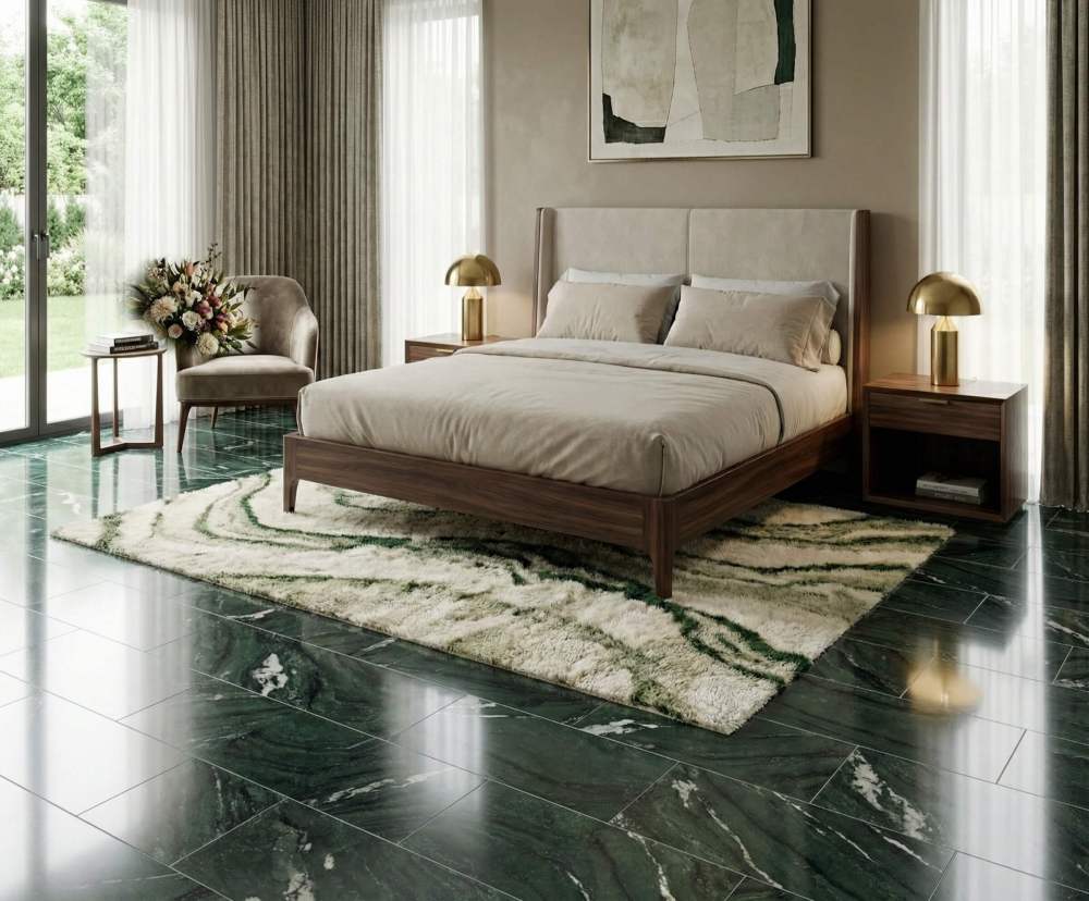 Serene master bedroom design with Diamond Green natural stone flooring, creating a cool and sophisticated atmosphere paired with soft textiles.