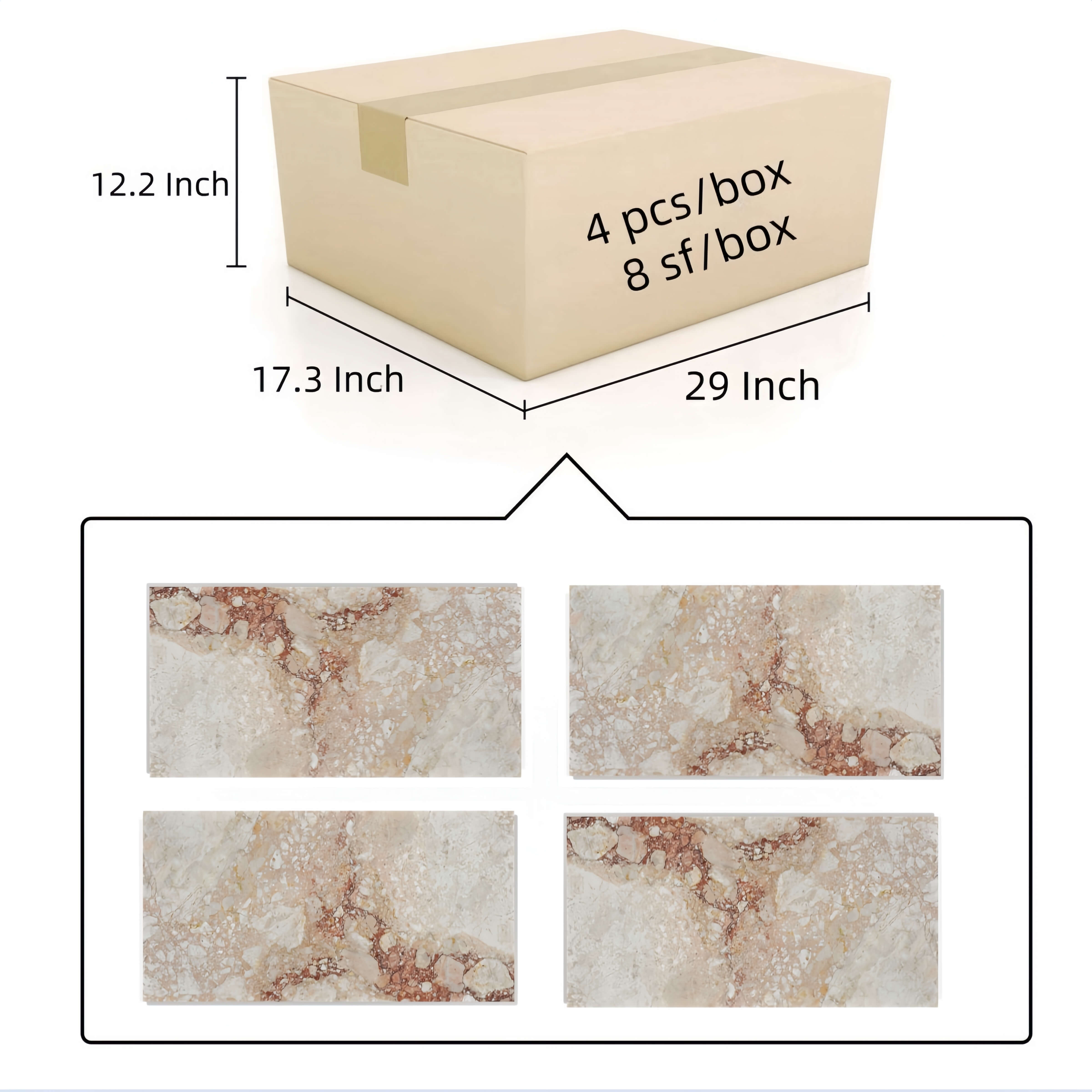 Shipping box specifications for Diamond Pink marble tiles containing 4 pieces per box, covering a total area of 8 square feet.