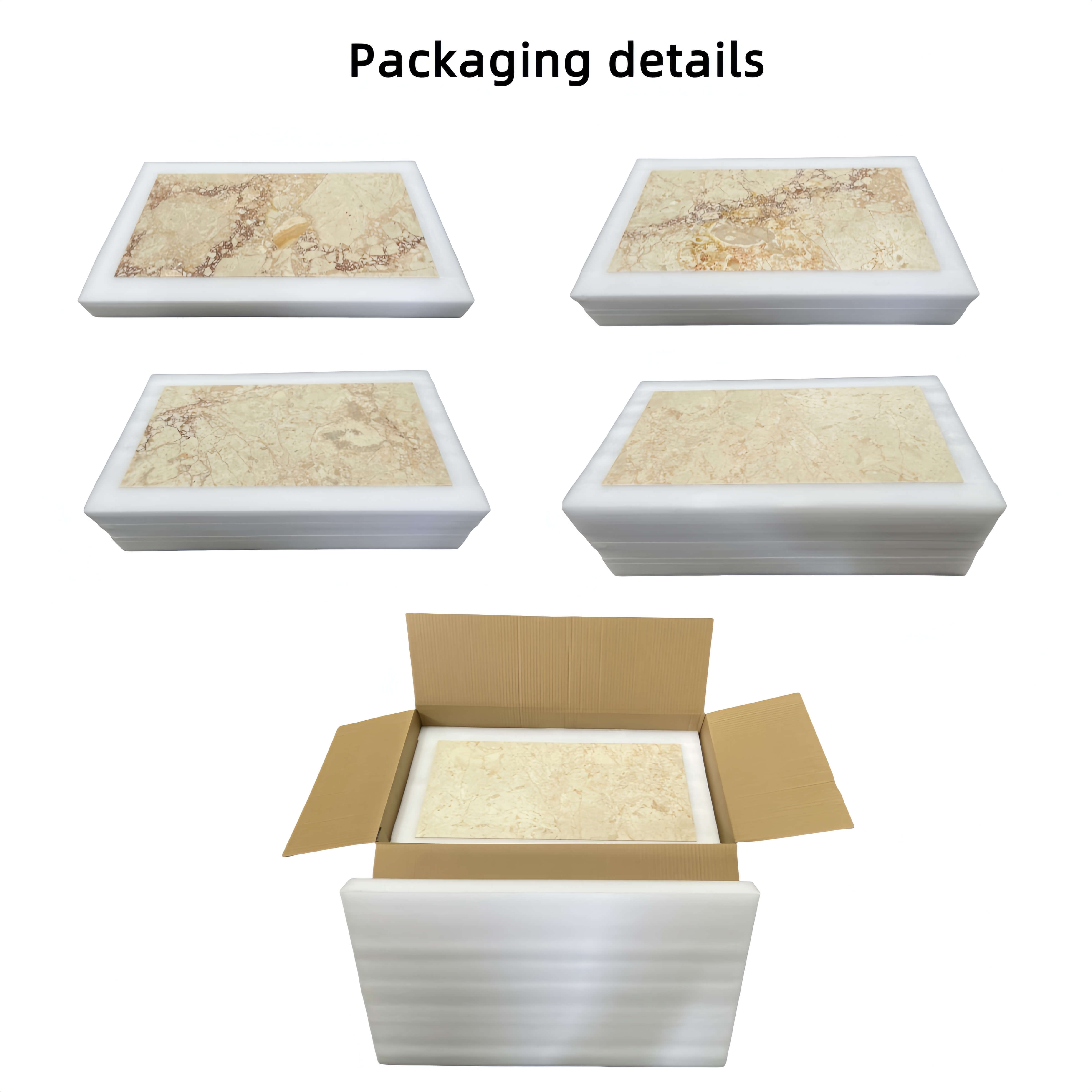 Interior packaging detail showing high-density full-surround foam protection for marble tiles to ensure safe transport and prevent breakage.
