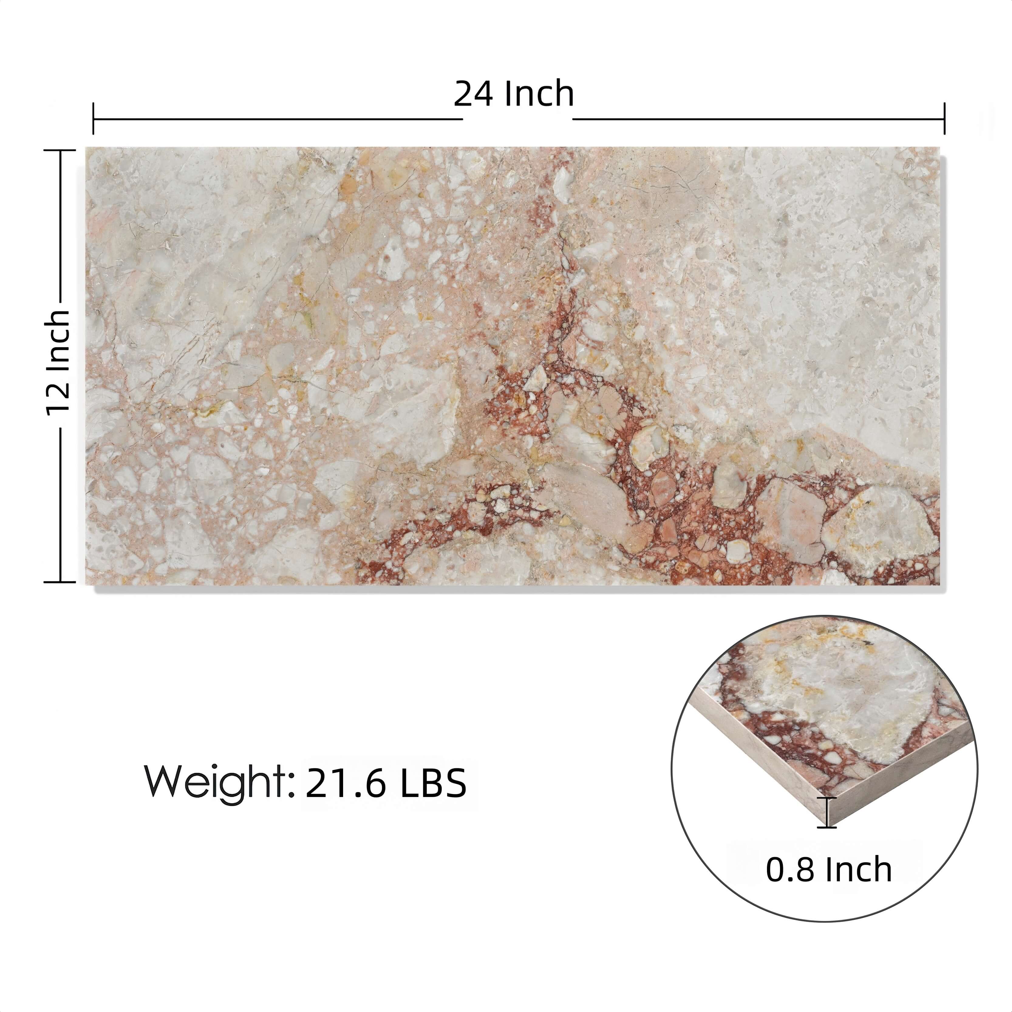 Technical specifications of Diamond Pink marble tile showing 24-inch length, 12-inch width, 0.8-inch thickness, and weight of 21.6 lbs per tile.