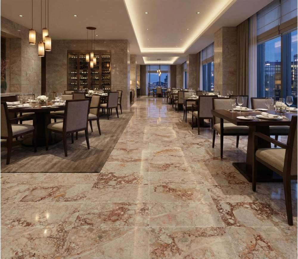 Luxury hotel dining hall featuring durable Diamond Pink marble flooring, creating a sophisticated and spacious atmosphere for commercial hospitality projects.