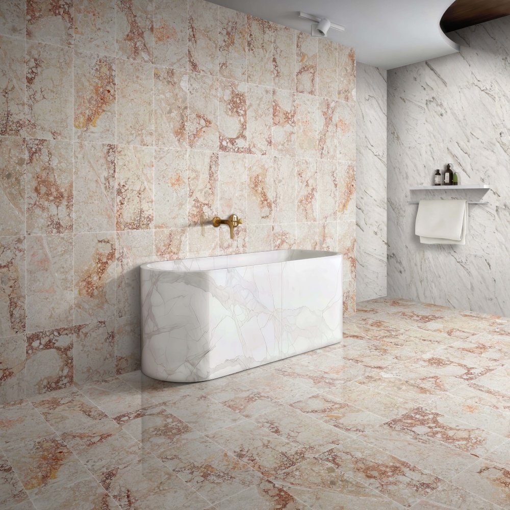 Contemporary bathroom interior showcasing a creative layout of polished Diamond Pink marble feature walls paired with Snow Mountain White marble cladding.