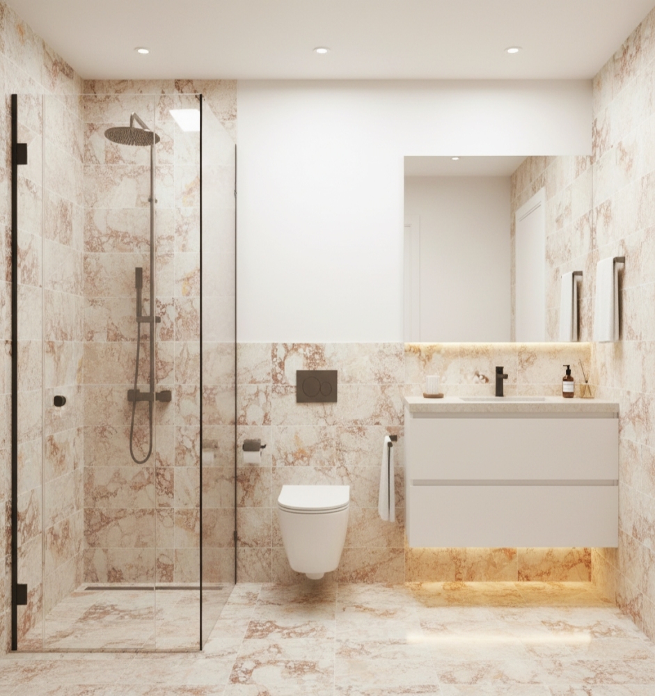 Modern bathroom featuring Diamond Pink marble tiles on shower walls and floor, paired with a floating white vanity for a clean, luxurious look.