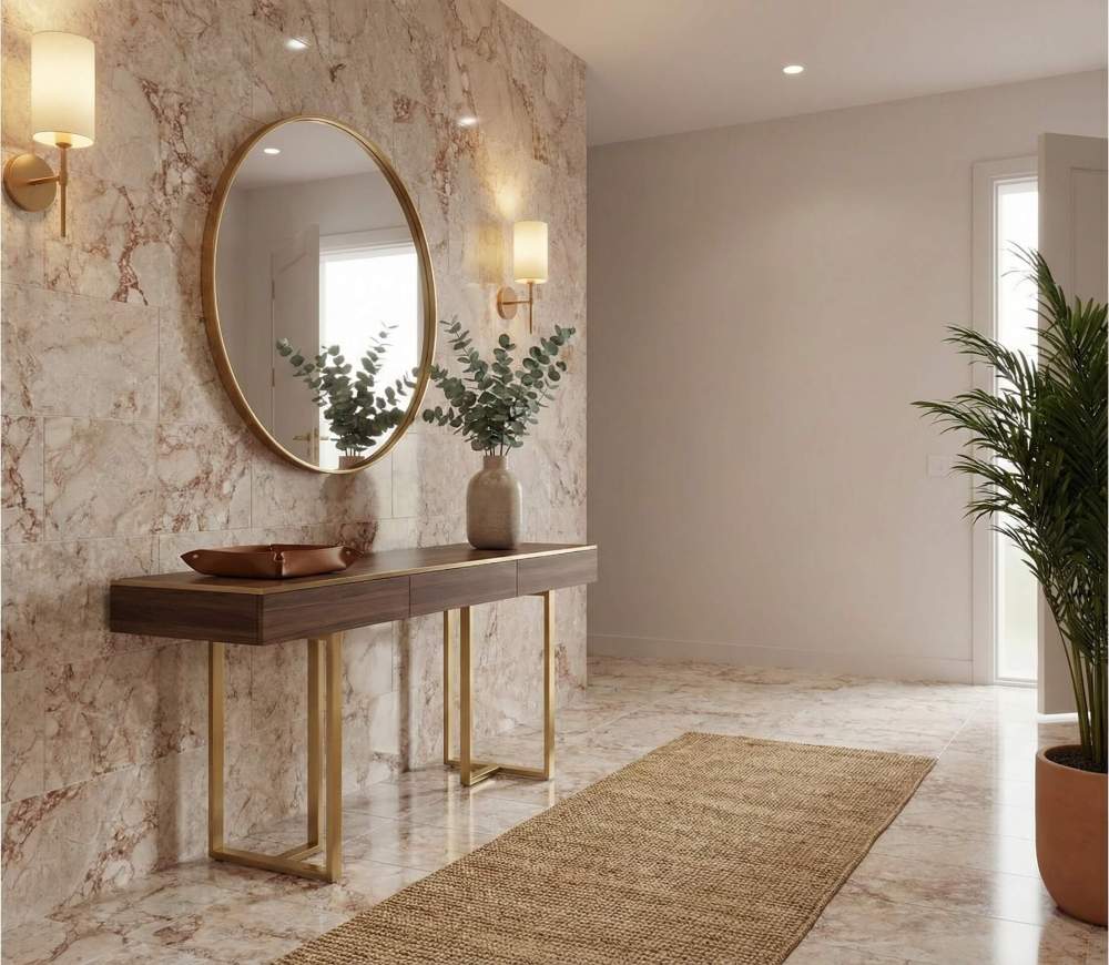 Elegant entryway featuring Diamond Pink marble wall cladding paired with gold accents and a round mirror, creating a warm and welcoming luxury atmosphere.