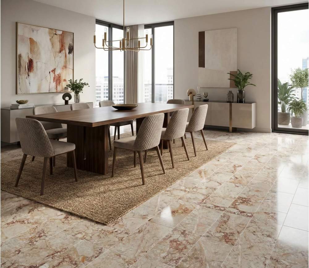 Formal dining room setting with a large wooden table, highlighting the sophisticated pattern of polished Diamond Pink marble floor tiles.