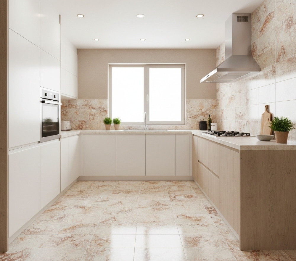 Contemporary kitchen featuring Diamond Pink marble tiles used as both durable flooring and a stylish backsplash, complementing light wood cabinets.