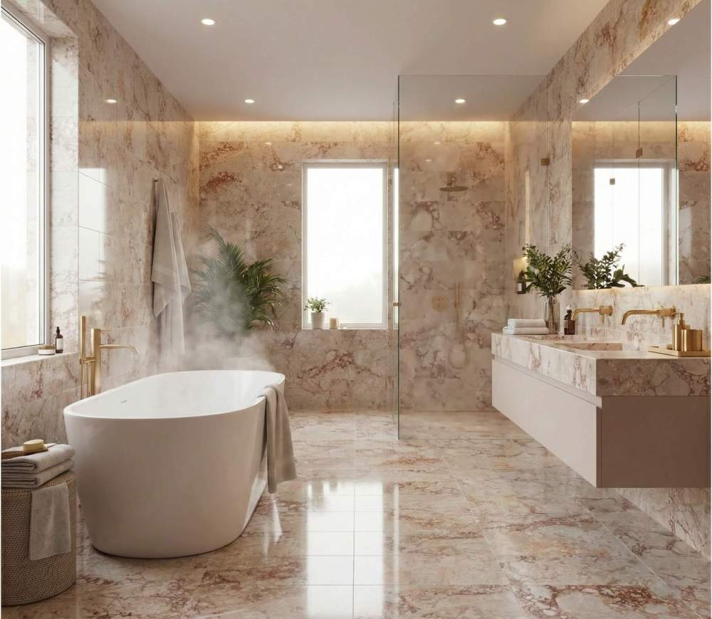 Spa-inspired bathroom with a freestanding tub and walk-in shower, showcasing polished Diamond Pink marble wall and floor tiles in natural light.