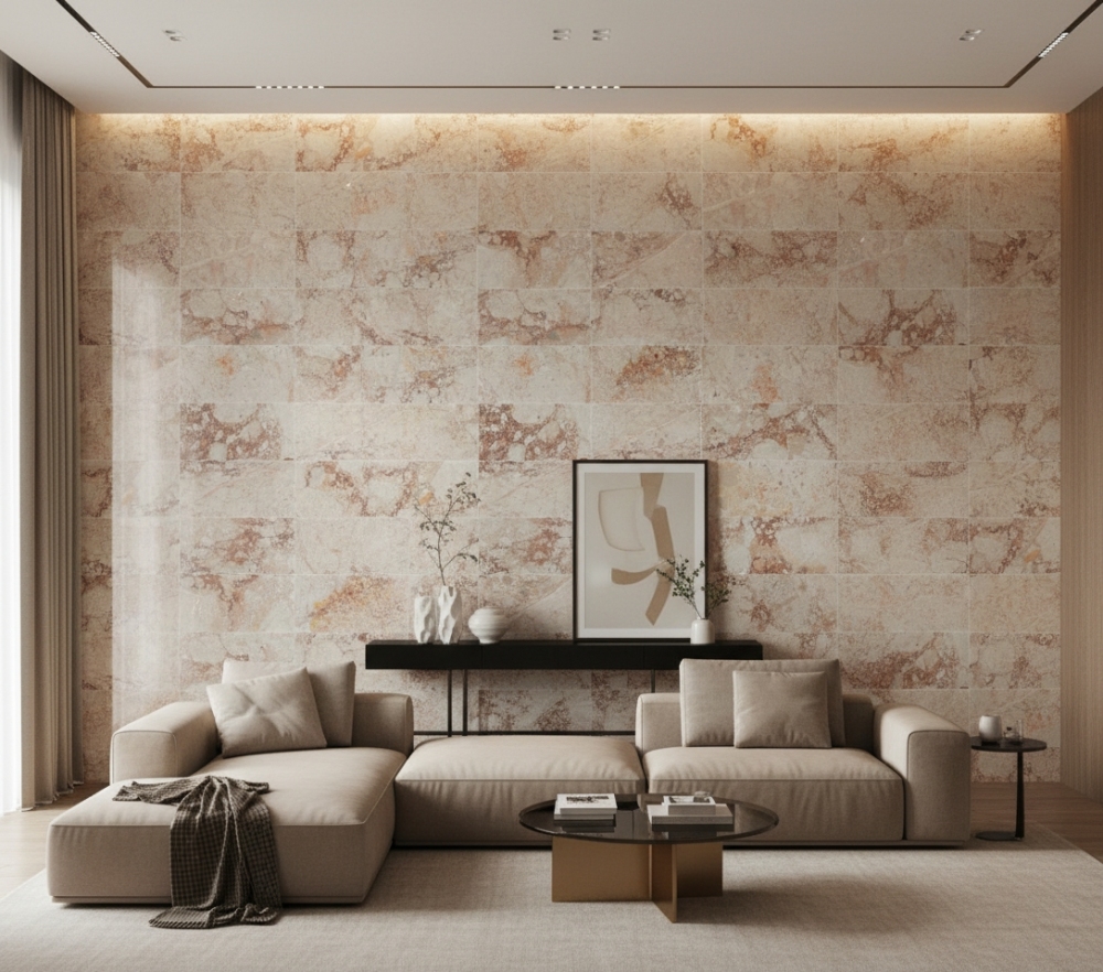 Modern living room design showcasing a stunning floor-to-ceiling feature wall clad in Diamond Pink marble tiles, complementing neutral beige furniture and soft lighting.