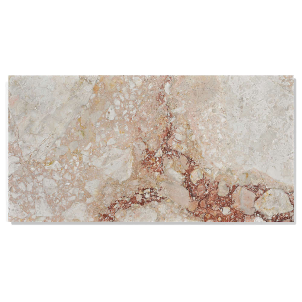 View of a polished Diamond Pink marble tile (12x24 inch) featuring natural breccia patterns with cream, beige, and reddish-pink veins on a white background.