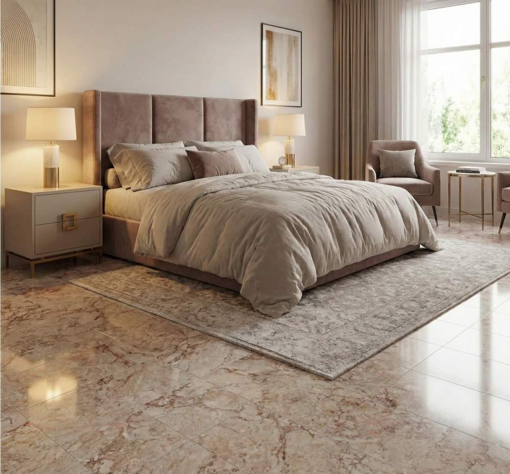 Romantic master bedroom interior featuring high-gloss Diamond Pink marble floor tiles that enhance the warmth and elegance of the sleeping space.