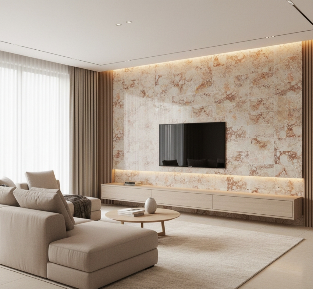 Contemporary TV media wall designed with natural Diamond Pink marble tiles and ambient LED strip lighting, adding texture and sophistication to the entertainment area.