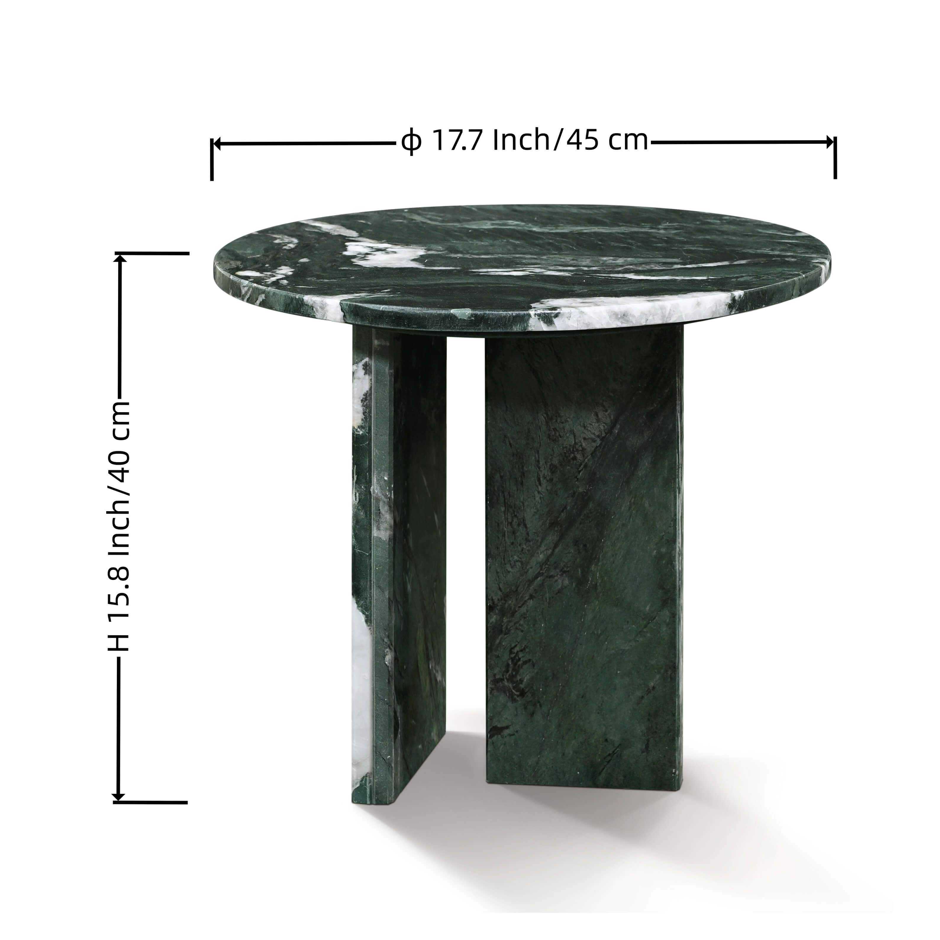 Dimensions diagram of the round green marble side table: 17.7 inches (45cm) diameter and 15.8 inches (40cm) height.