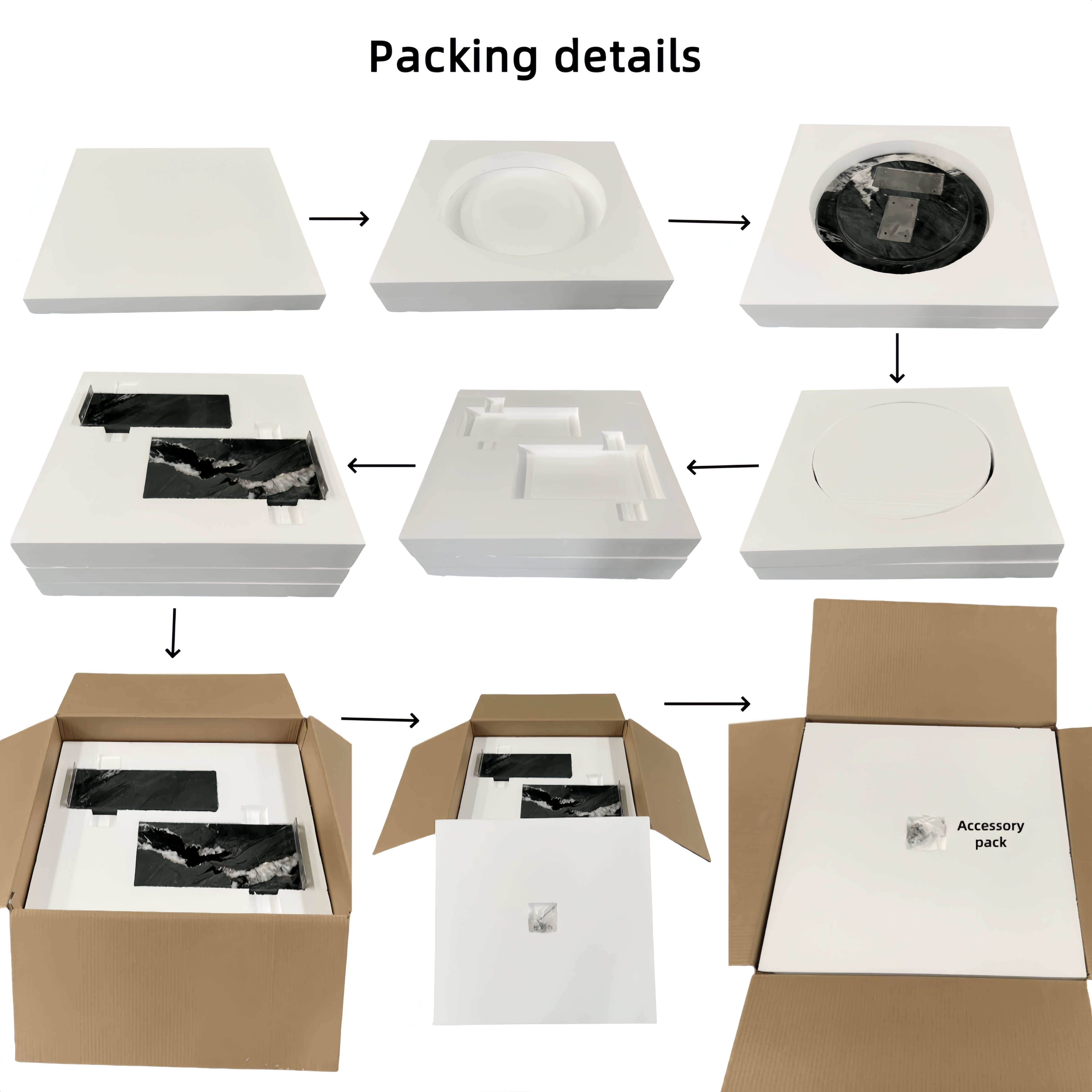Safe foam packaging details for the marble table, showing flat-pack components, hardware, and protective layers for shipping.