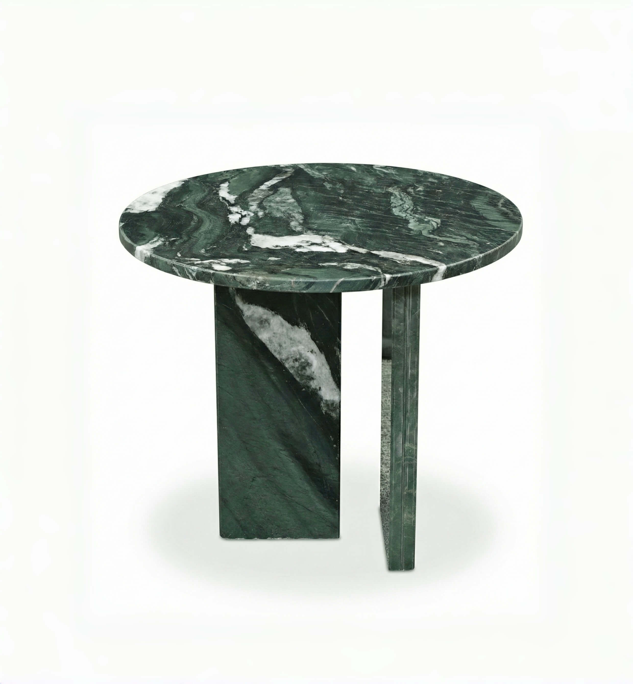 Contemporary dark green marble accent table with a sculptural base, perfect for modern living spaces.