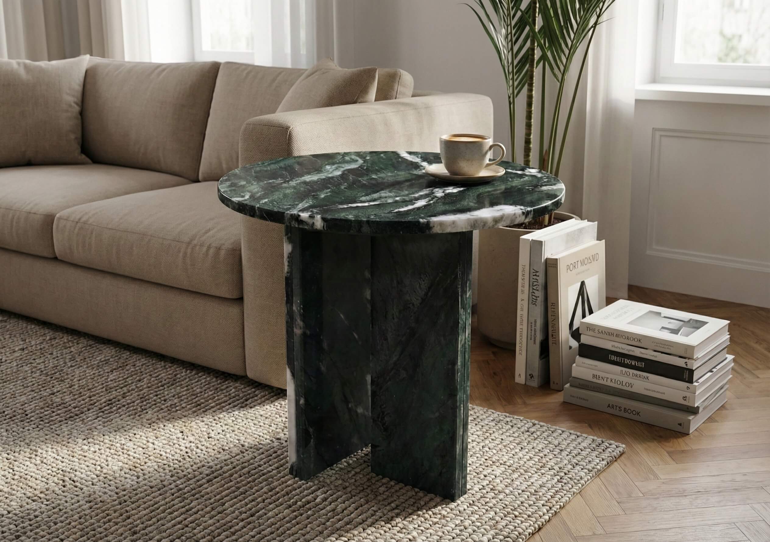 Contemporary luxury apartment living room setup featuring a green marble table beside a sofa and art books.