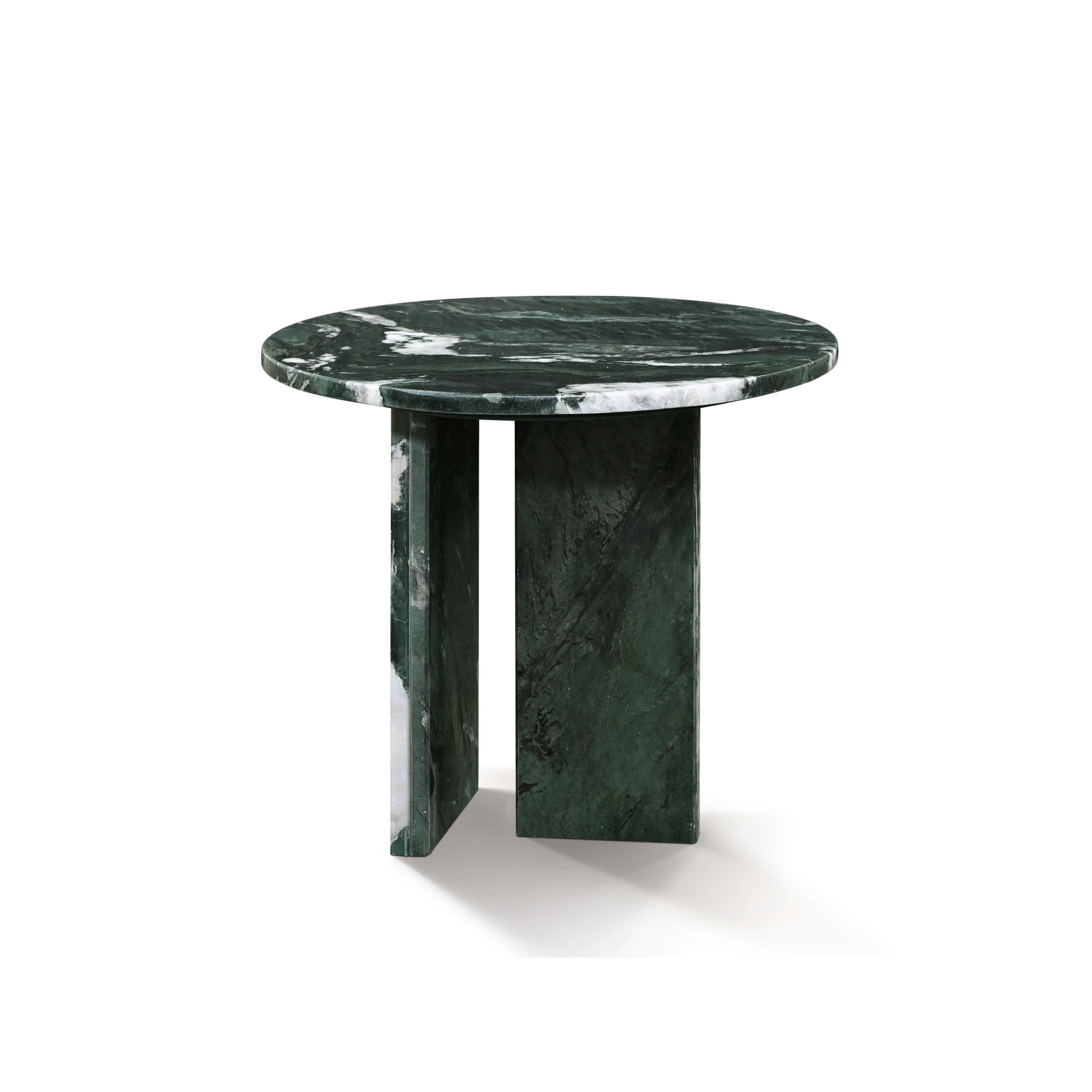Front view of a luxury green stone end table showcasing unique white veining patterns and minimalist design.