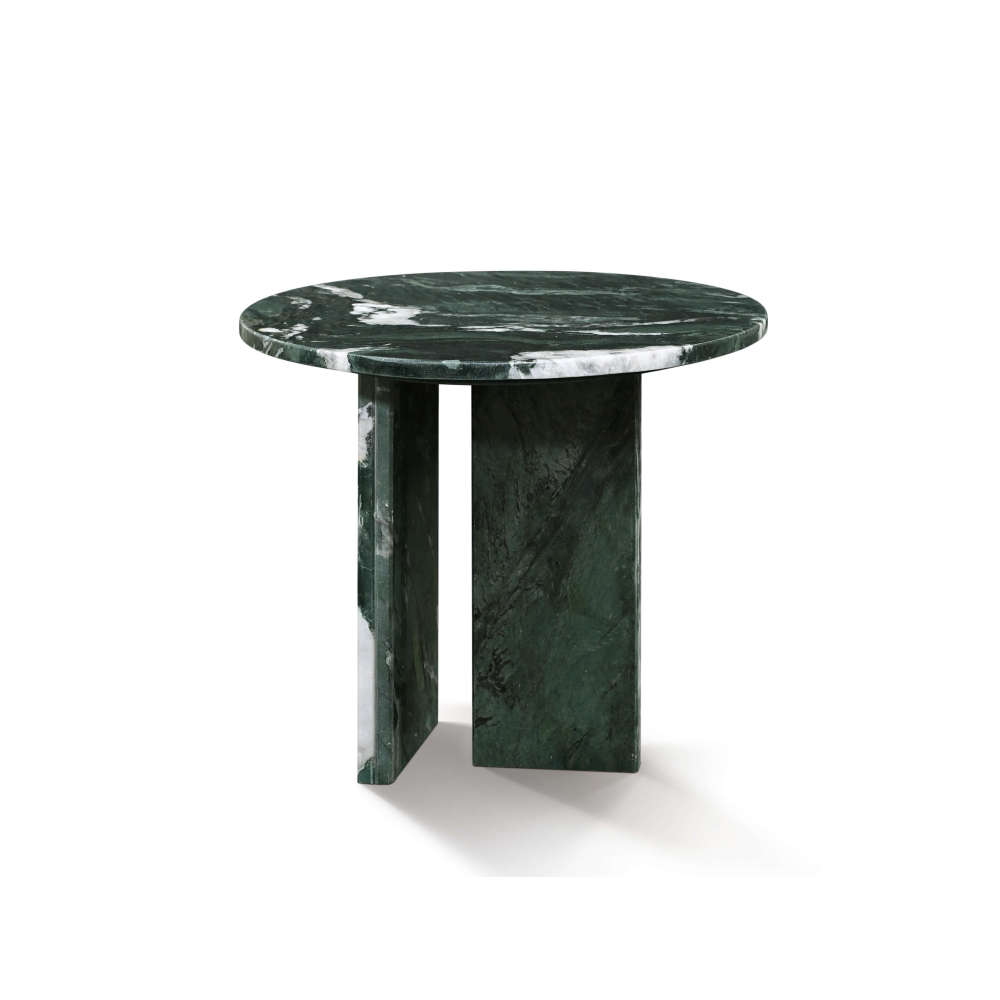 Front view of a luxury green stone end table showcasing unique white veining patterns and minimalist design.