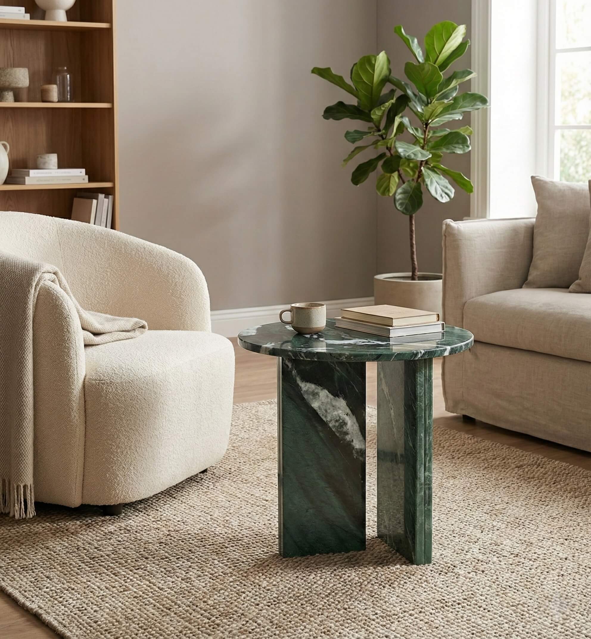 Modern reading nook interior design featuring a white boucle chair and a round green stone table.