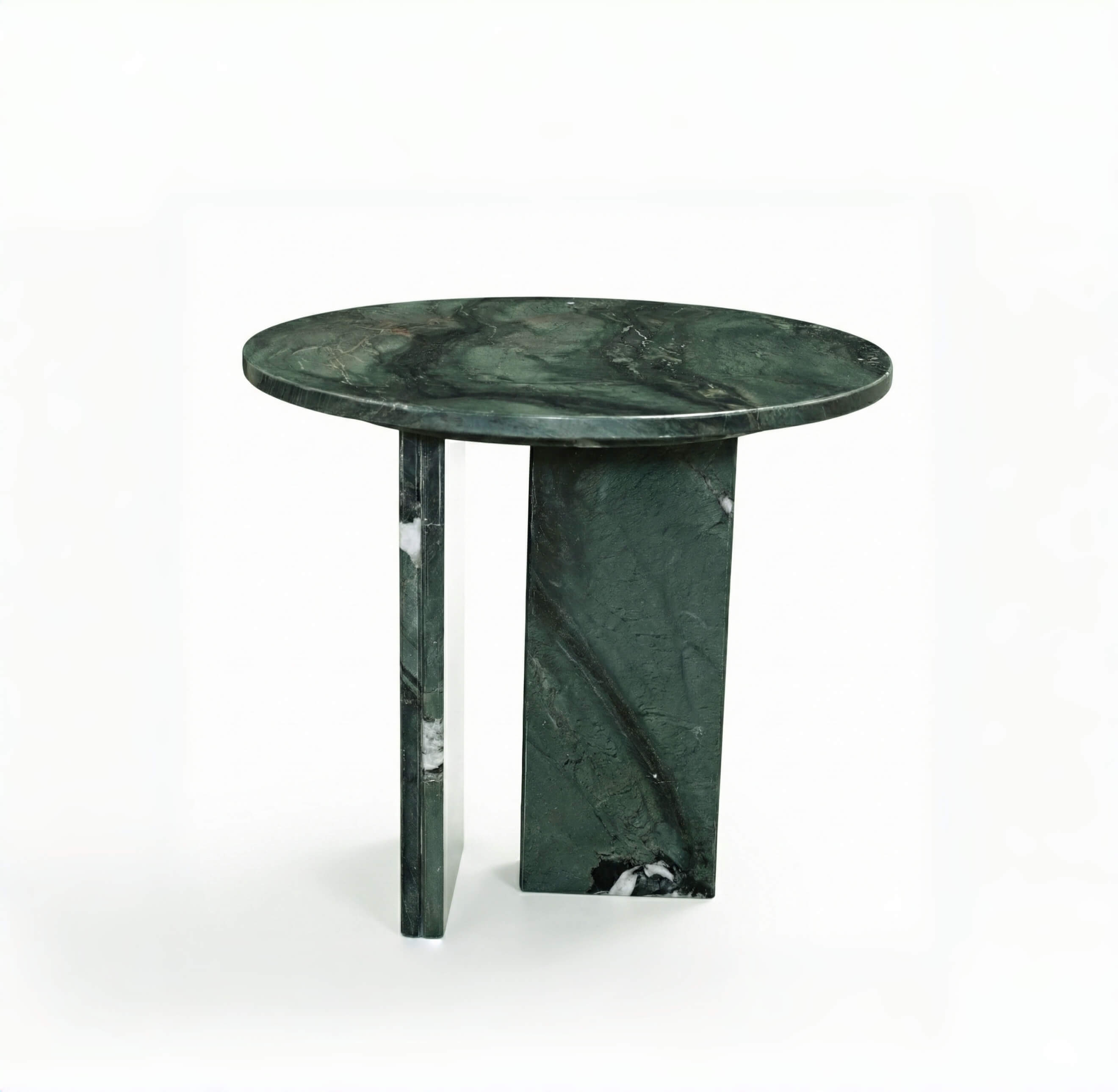 Close-up of the natural green marble tabletop surface displaying intricate white veining and high-gloss polished finish.