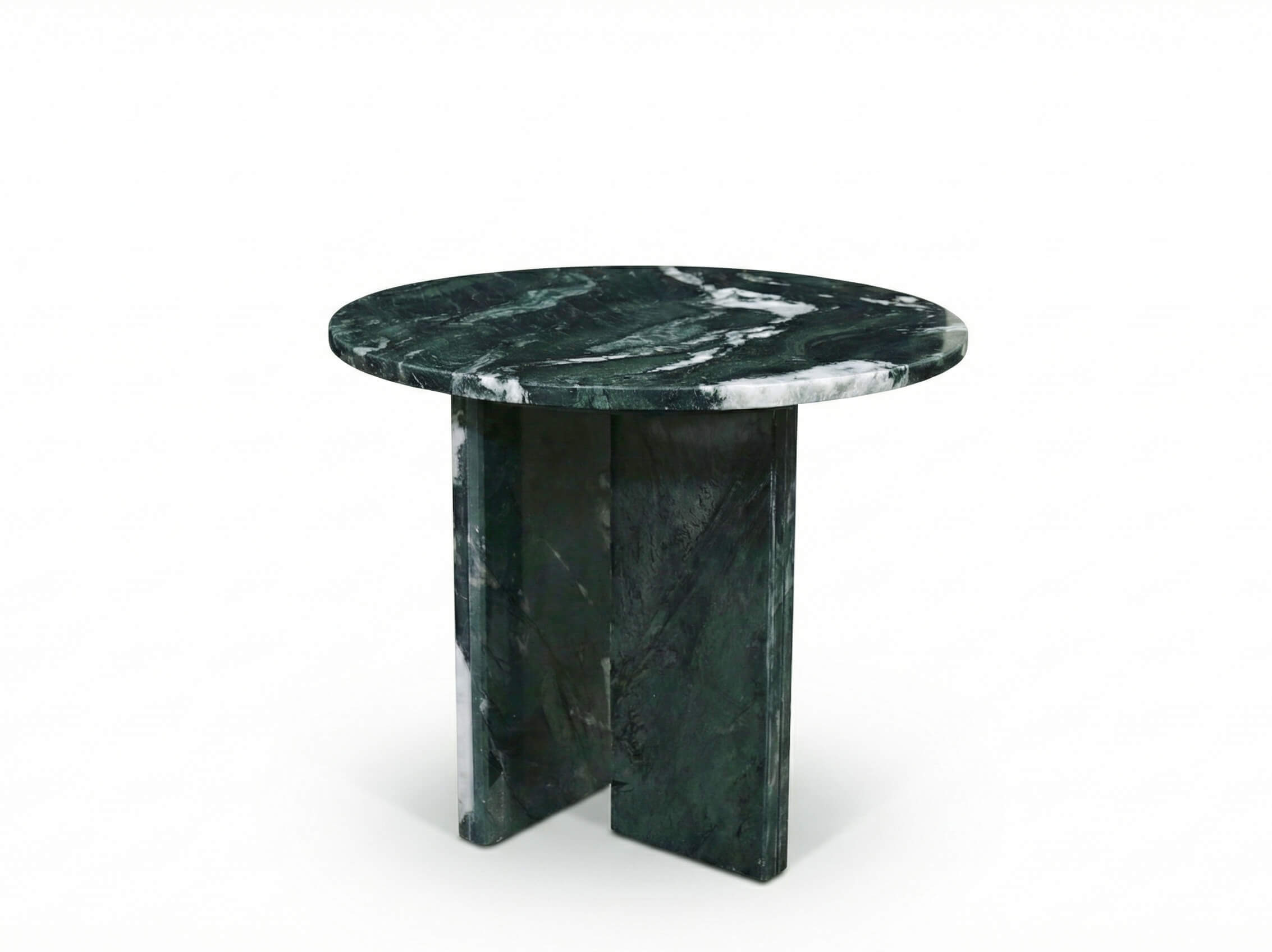 A 45cm small round coffee table made from genuine Diamond Green marble, isolated on a white background.