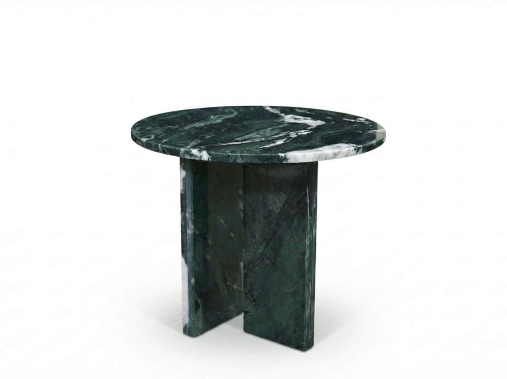 A 45cm small round coffee table made from genuine Diamond Green marble, isolated on a white background.