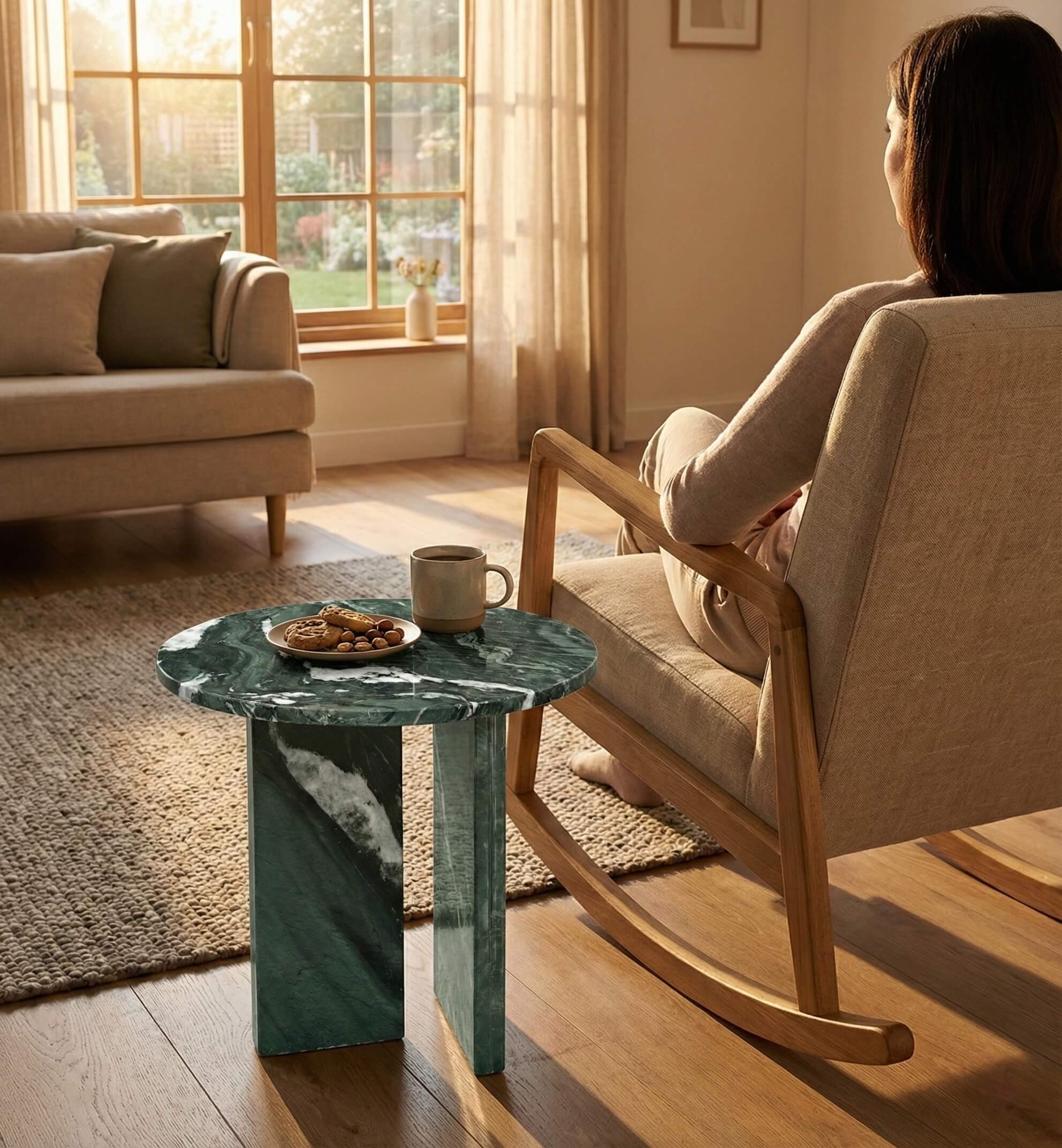 Lifestyle shot of a relaxing afternoon with a green stone end table near a sunlit window, perfect for tea time.