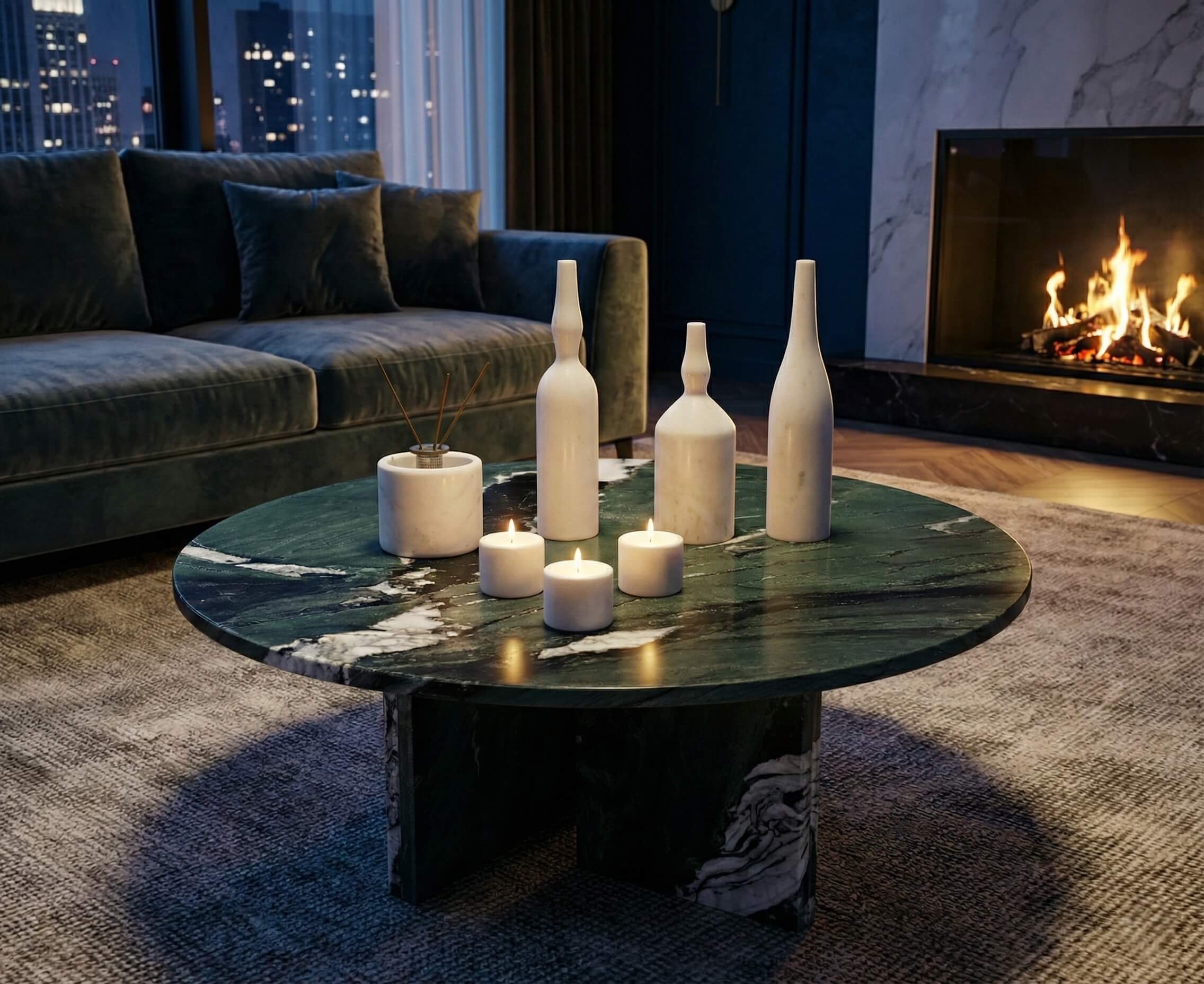 Diamond Green marble coffee table styled with the Snow Mountain White 7-piece marble decor set, featuring sculptural vases and glowing tealights in a cozy luxury living room.