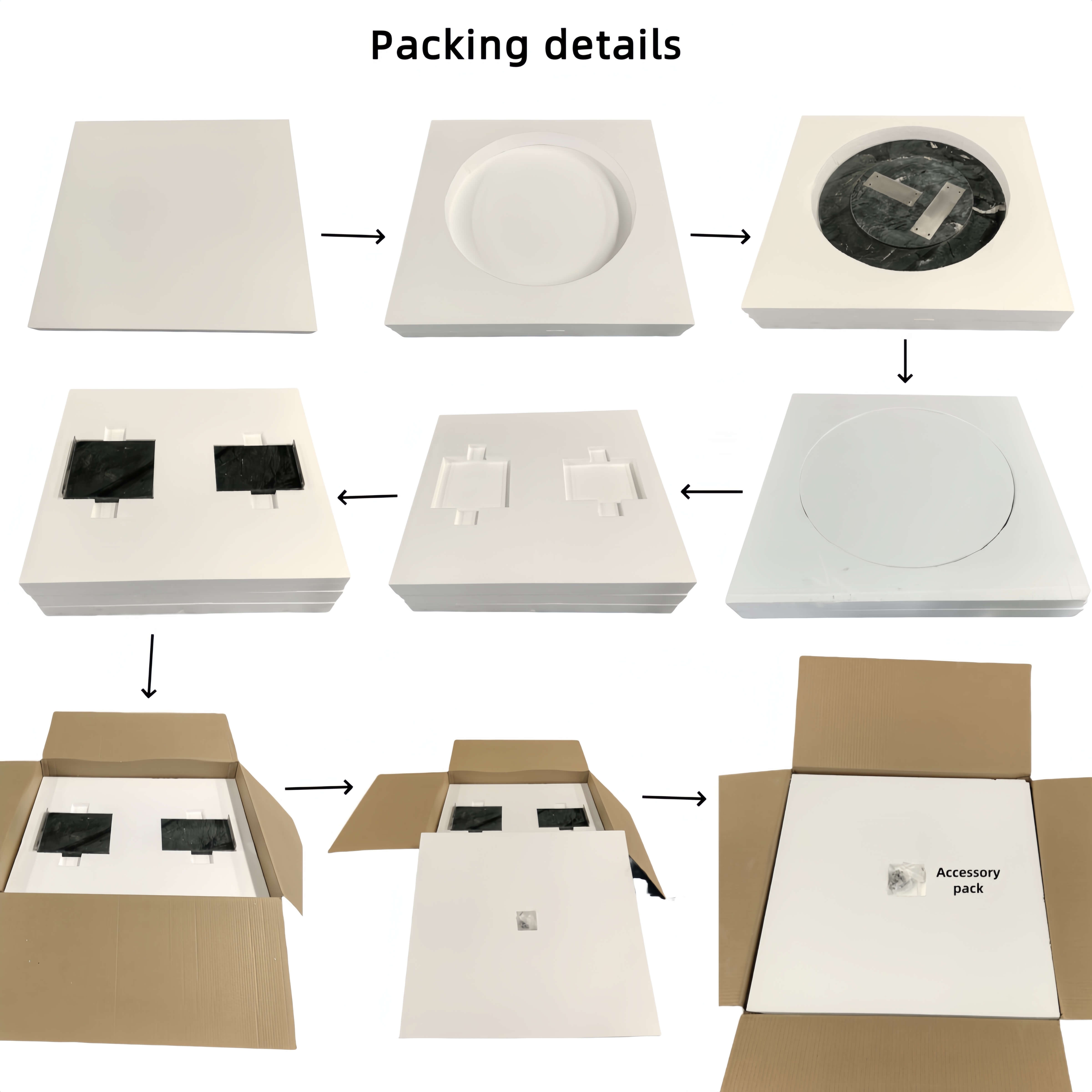 Step-by-step breakdown of the damage-proof packaging for the marble table, including custom molded foam and secure boxing for safe shipping.
