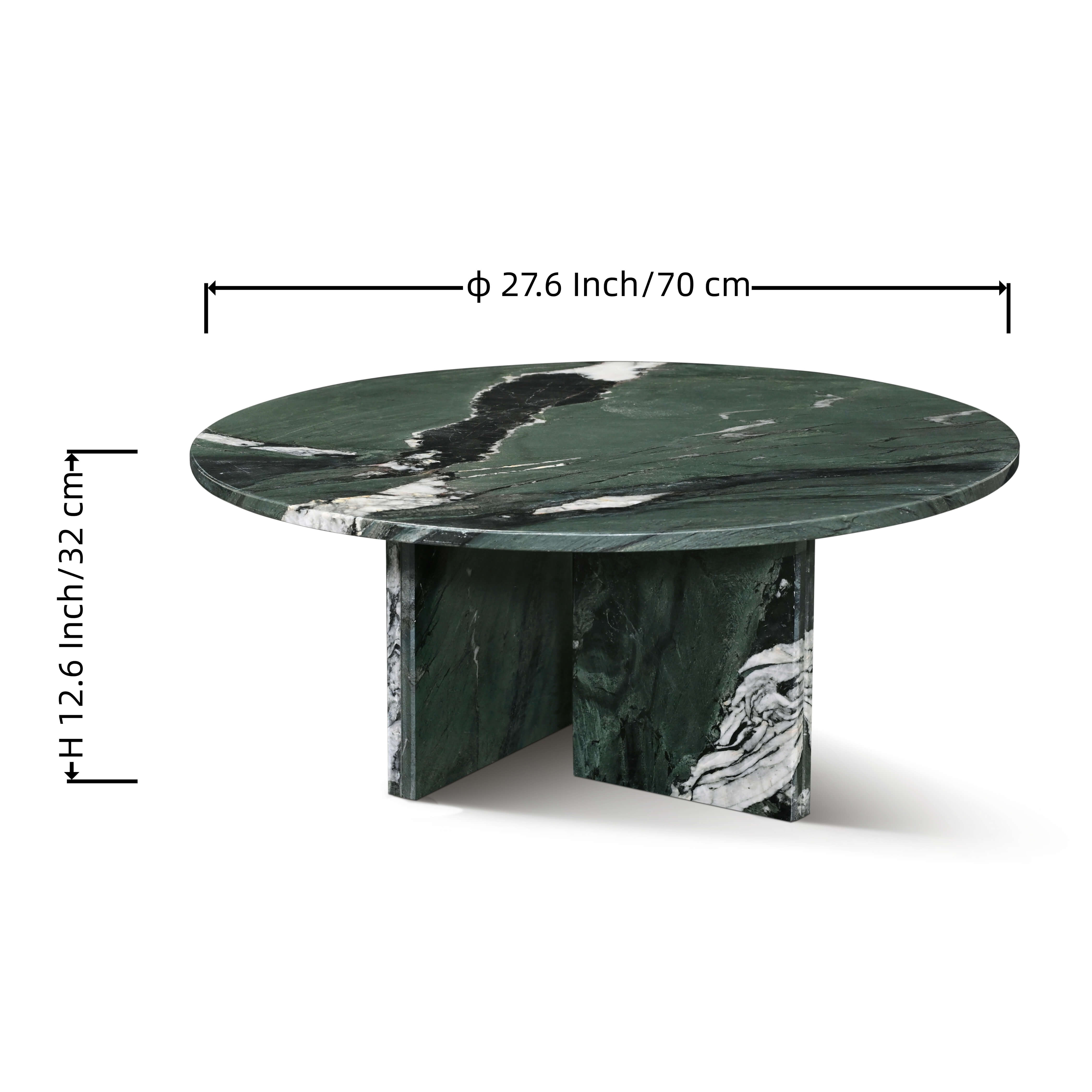 Dimension diagram of the compact marble coffee table: Diameter 27.6 inches (70cm), Height 12.6 inches (32cm), perfect for modern living rooms.