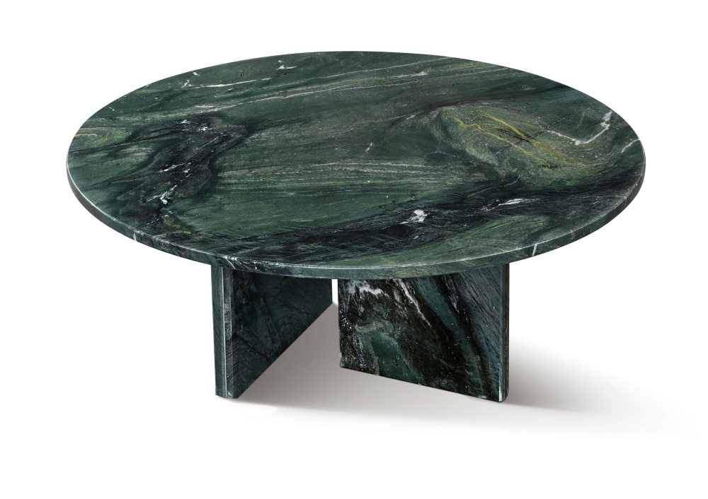 Round coffee table made of emerald green marble with natural swirling patterns and a polished finish, isolated on a white background.