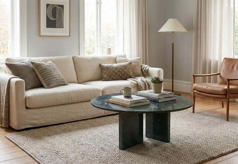 Cozy modern living room featuring the round green marble coffee table as a centerpiece, paired with a beige sofa and textured rug.