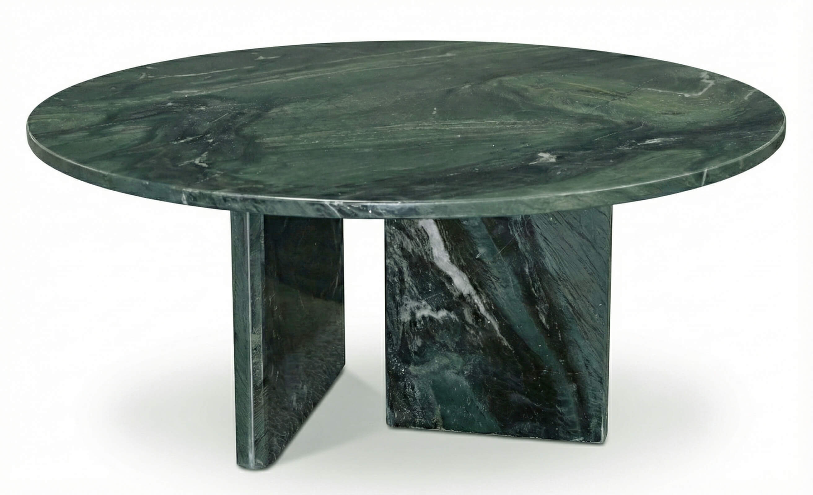 Detail shot of the sturdy geometric stone base of the green marble coffee table, highlighting the seamless joinery and solid construction.