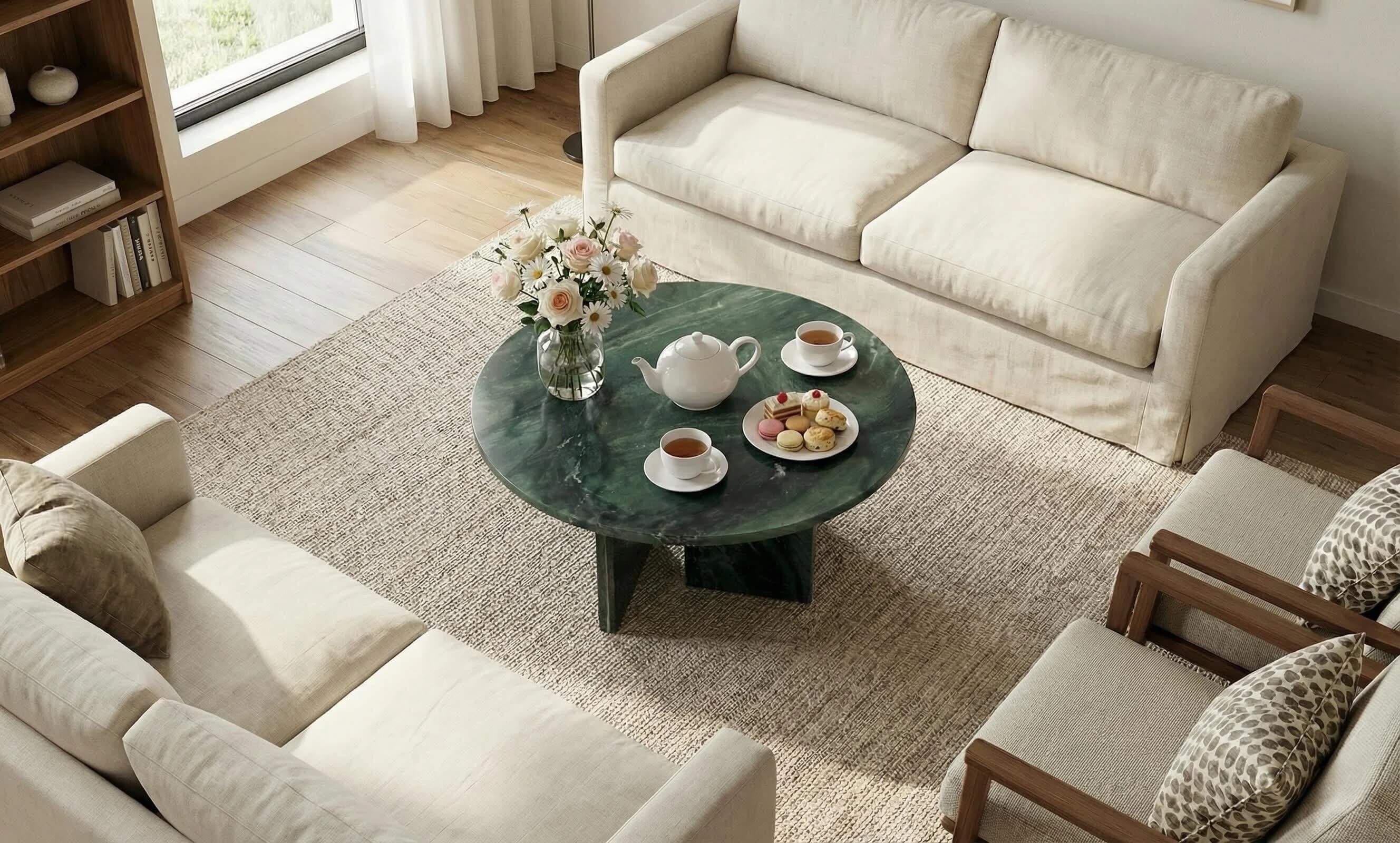 Top-down view of the 27.6-inch marble table set with tea and snacks, demonstrating ample surface area for entertaining guests