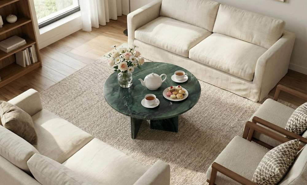 Top-down view of the 27.6-inch marble table set with tea and snacks, demonstrating ample surface area for entertaining guests