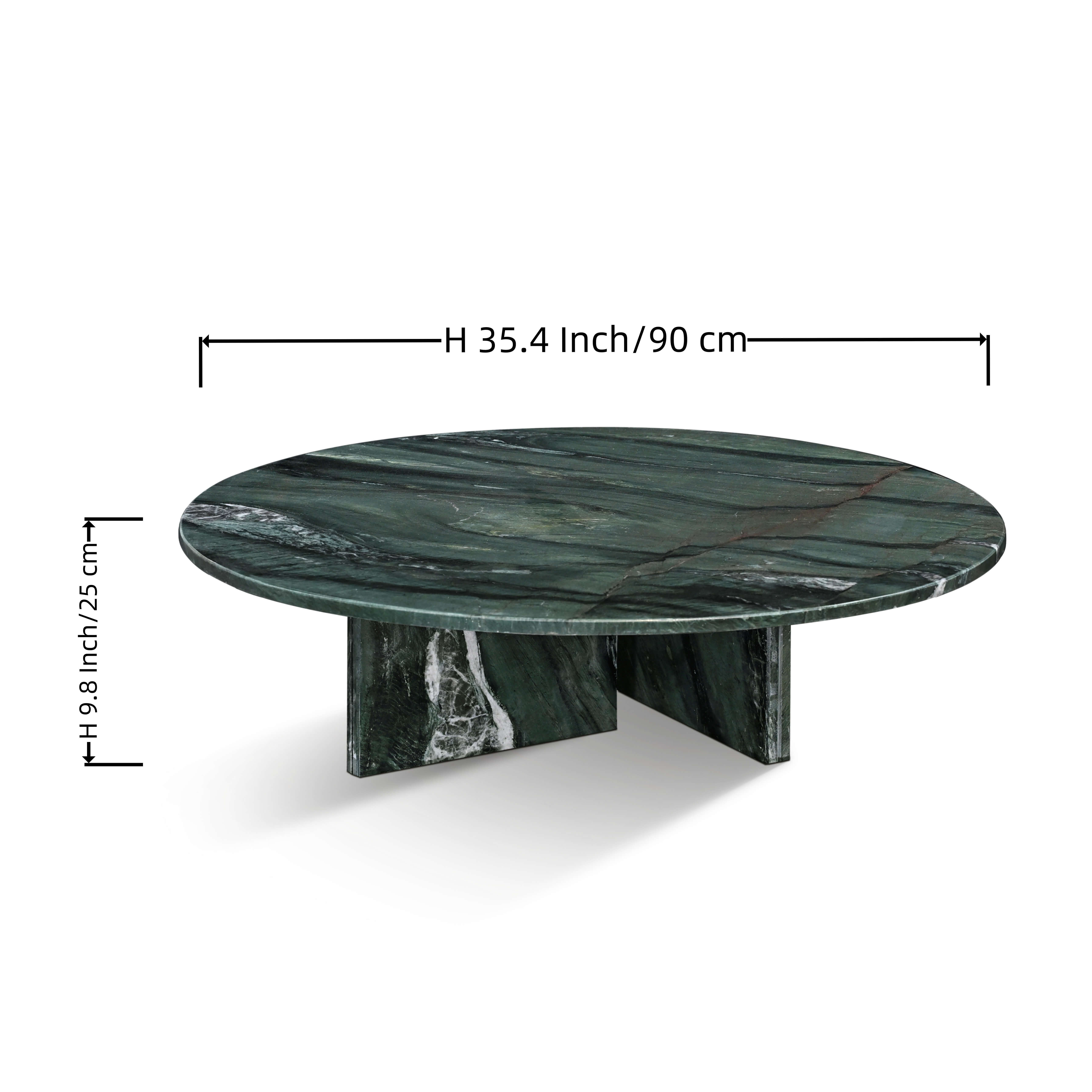 Dimension diagram of round marble coffee table: 35.4 inch diameter, 9.8 inch height, modern low profile design.