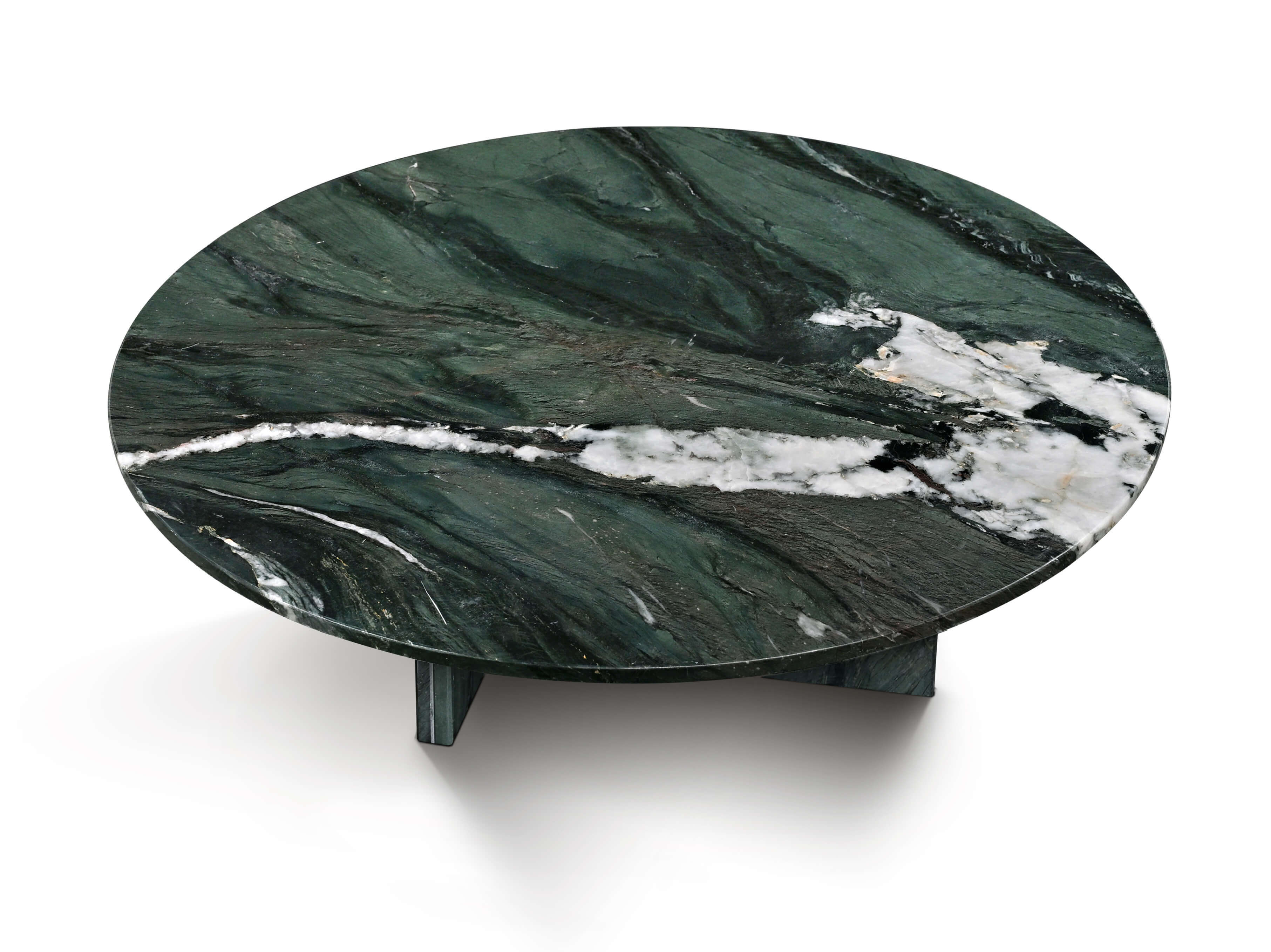 35.4 inch round coffee table made of genuine diamond green marble with unique natural veining on white background.
