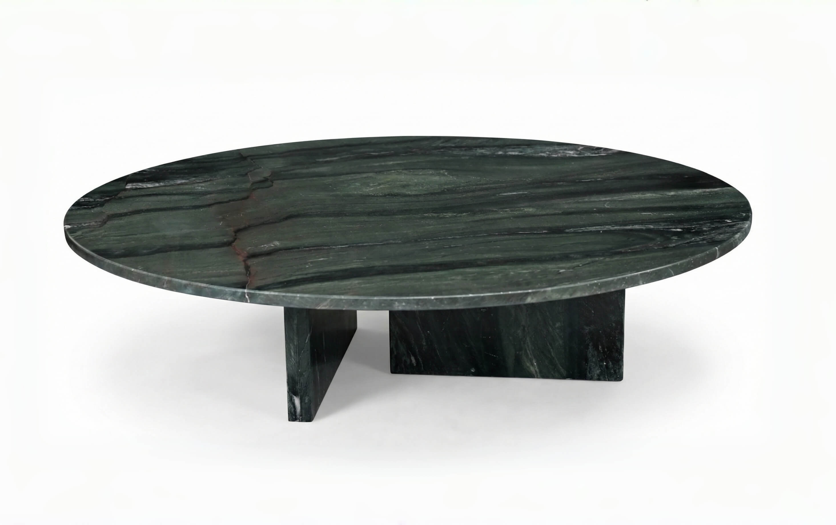 Close-up of genuine green marble tabletop showing unique natural stone veining and polished finish.