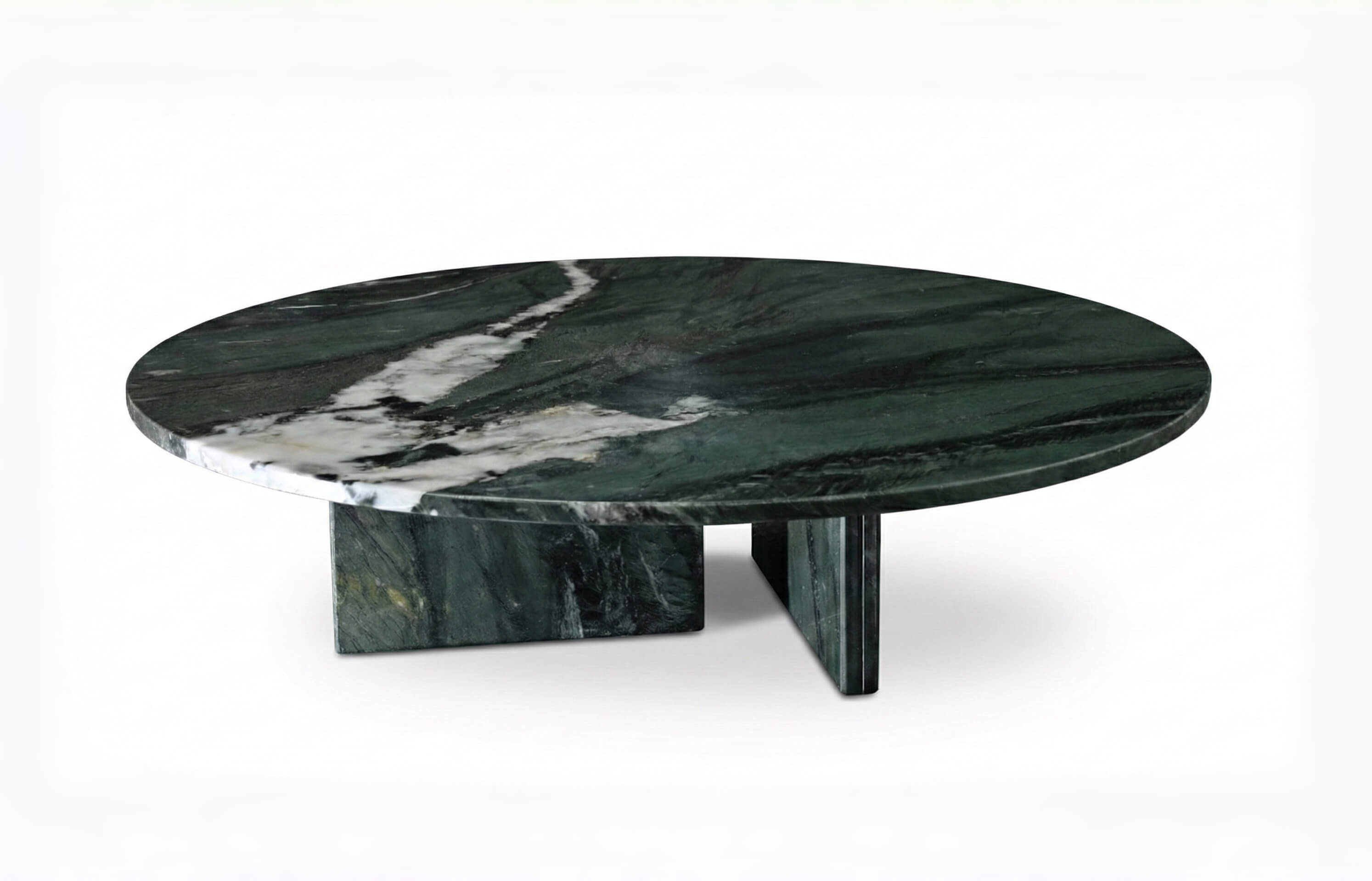 Luxury Diamond Green natural marble coffee table, 35.4 inch round centerpiece for living room, white background.