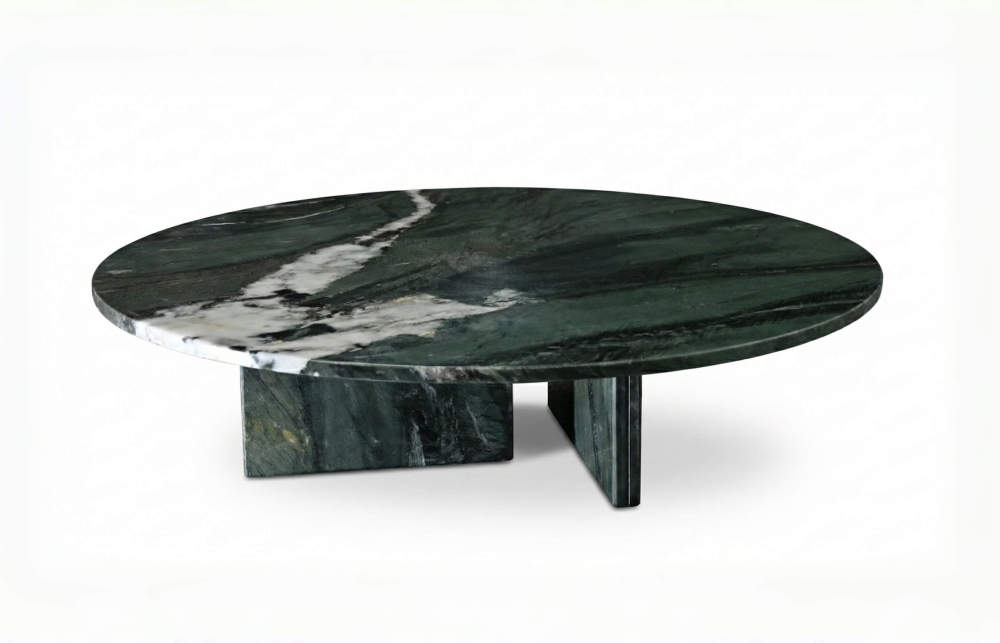 Luxury Diamond Green natural marble coffee table, 35.4 inch round centerpiece for living room, white background.