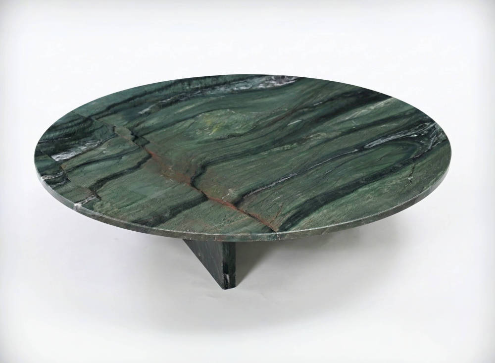 Luxury Diamond Green Natural Marble Coffee Table - Round Low Profile Stone Centerpiece (Ø35.4" / 90cm)