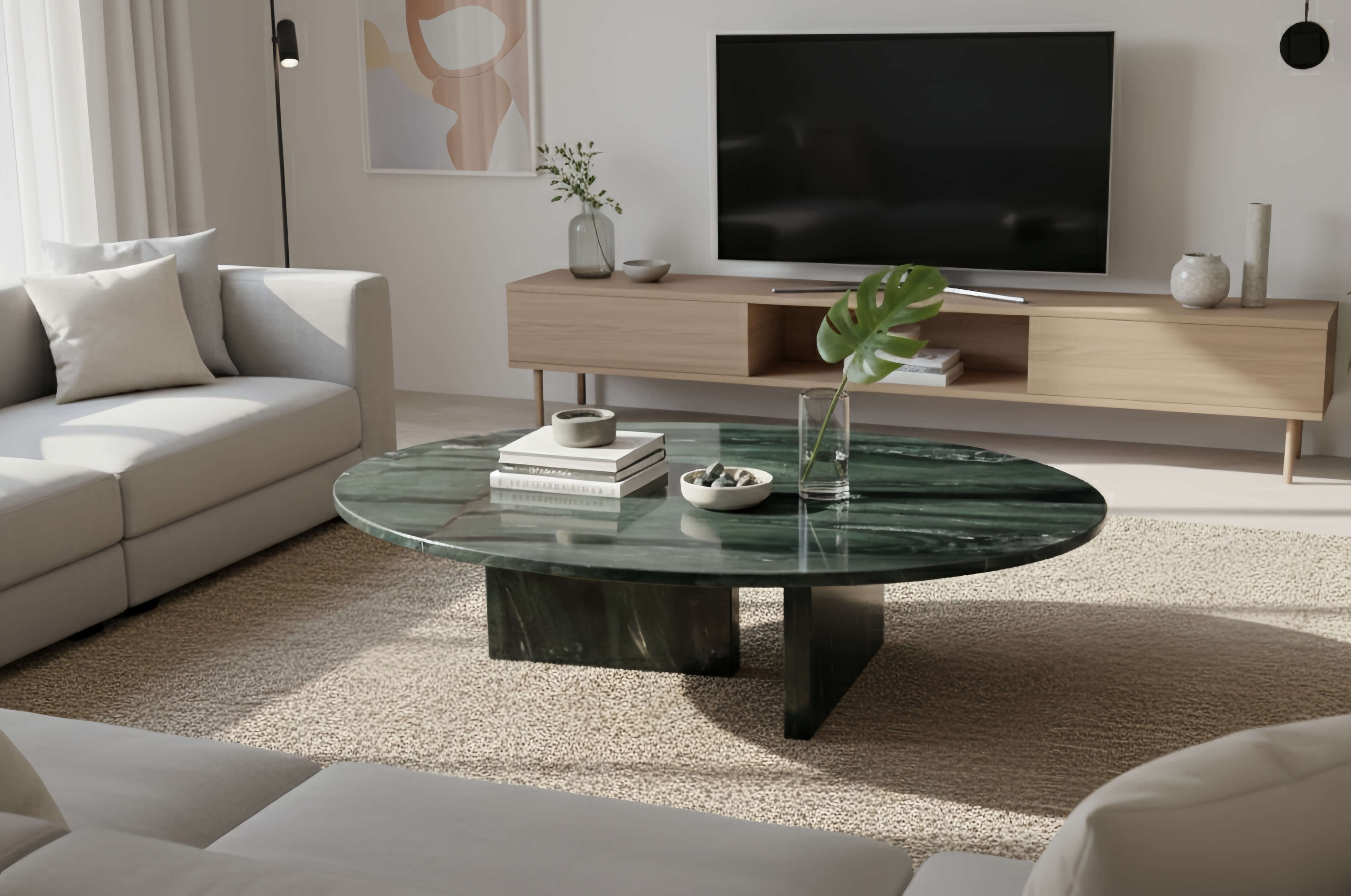 Low profile natural stone coffee table in luxury green marble, showcasing 25cm height and solid construction.