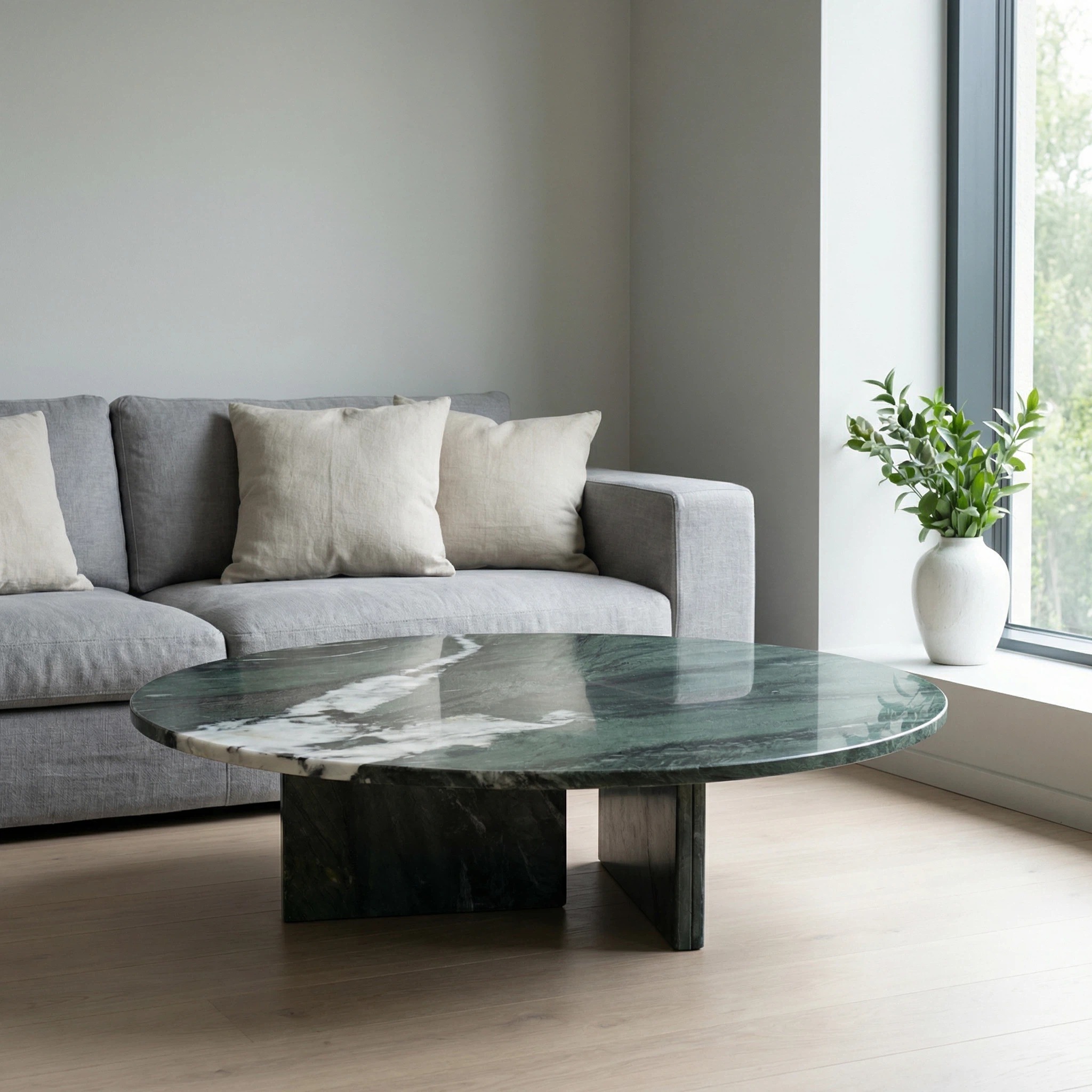 Modern living room scene featuring a Diamond Green natural stone center table styled with books and a vase, showing the sturdy marble cross-base structure.