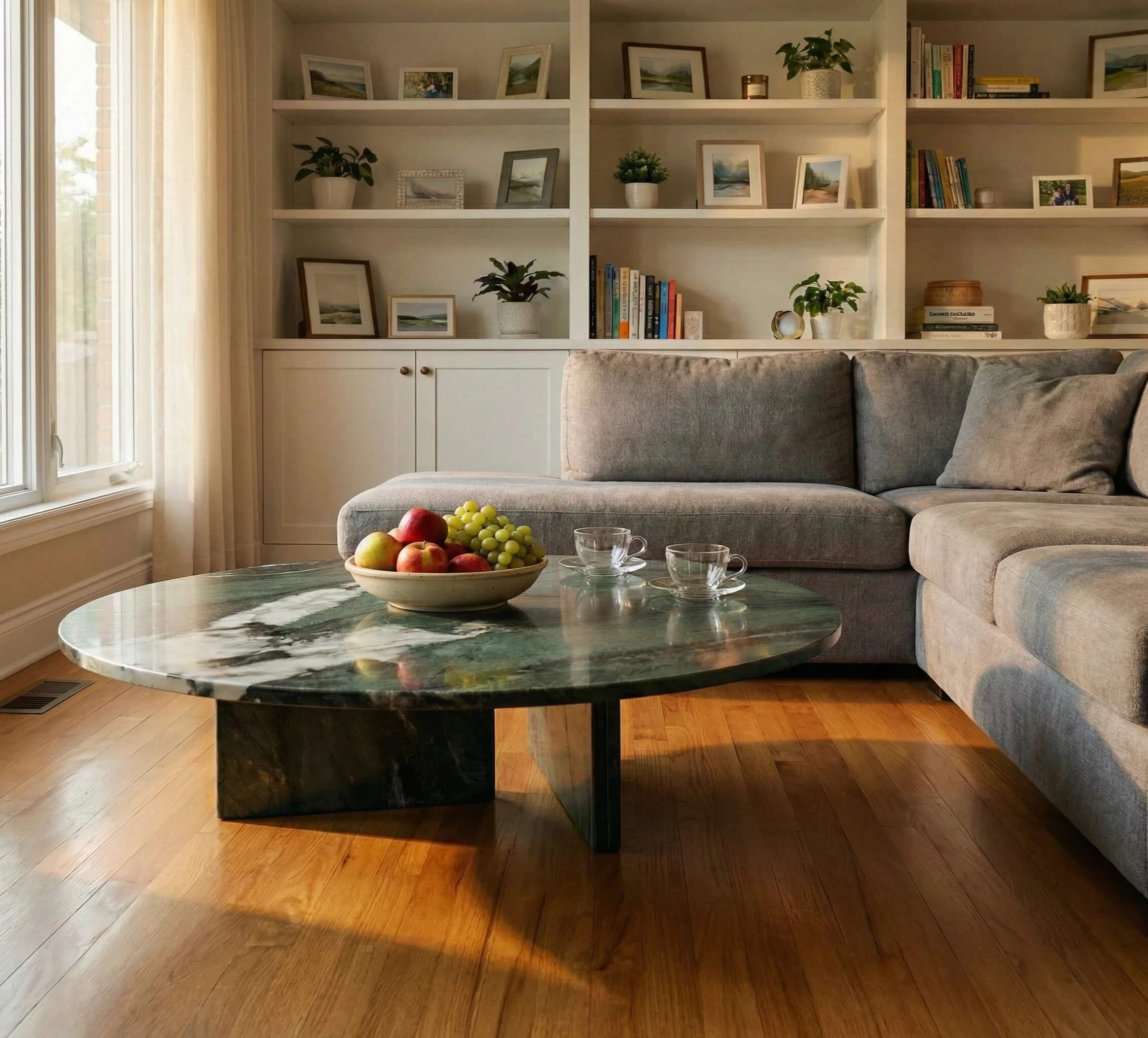 Modern living room featuring a luxury green marble round coffee table as a stunning centerpiece.