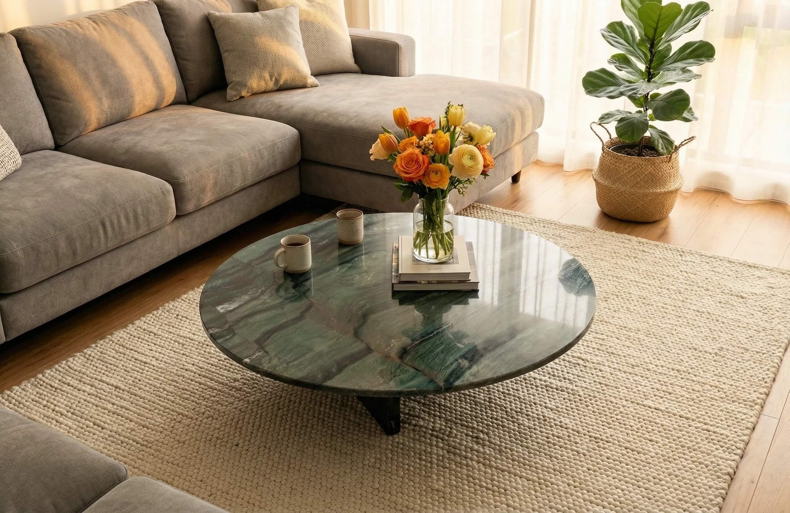Minimalist living room decor with a natural green stone coffee table, adding an organic and sophisticated touch.
