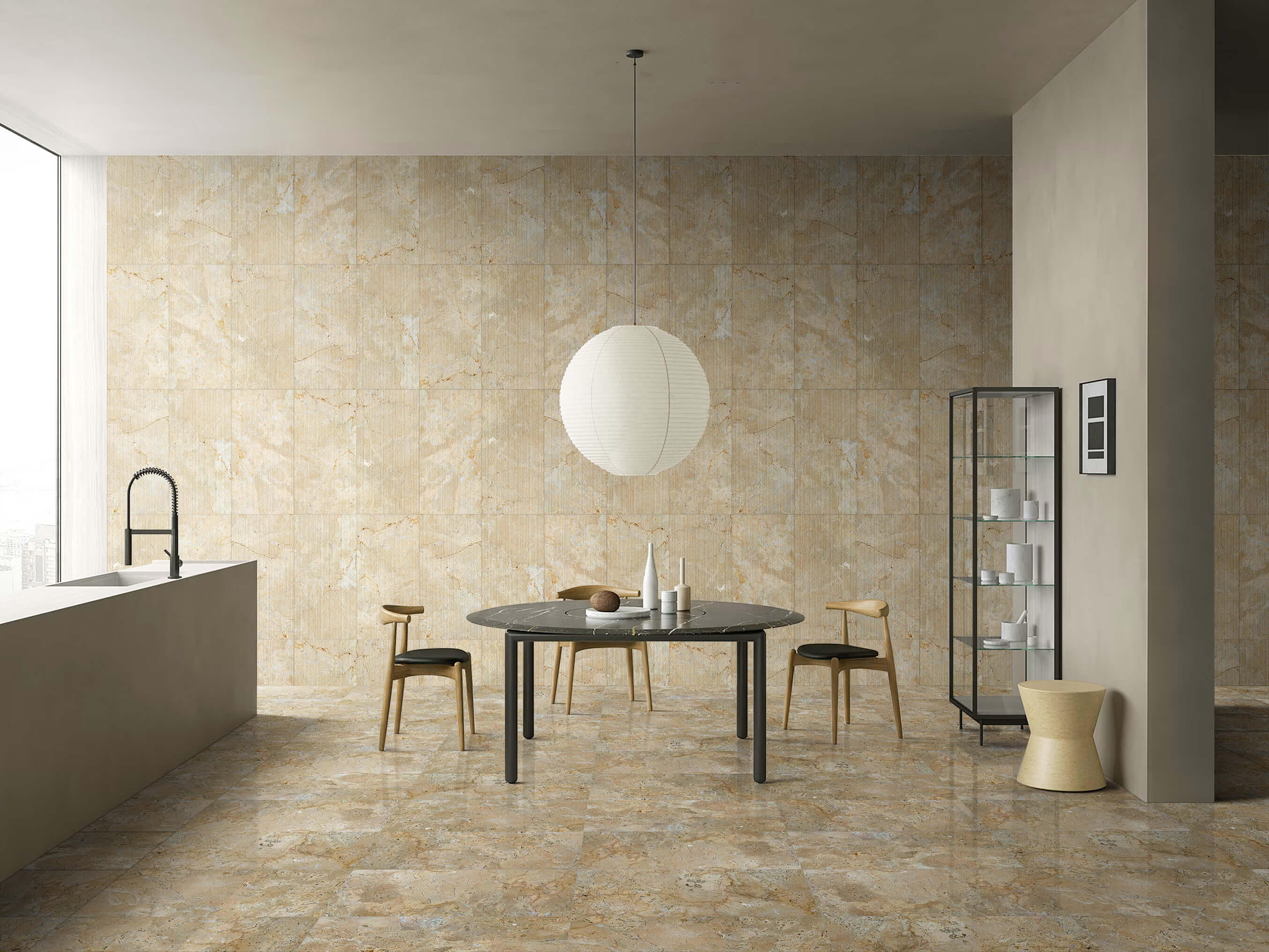 Modern open space showcasing a mix and match design with 12x24 Hyatt Gold polished marble floor tiles and FS finish wall tiles, highlighting 100% natural stone contrasts.