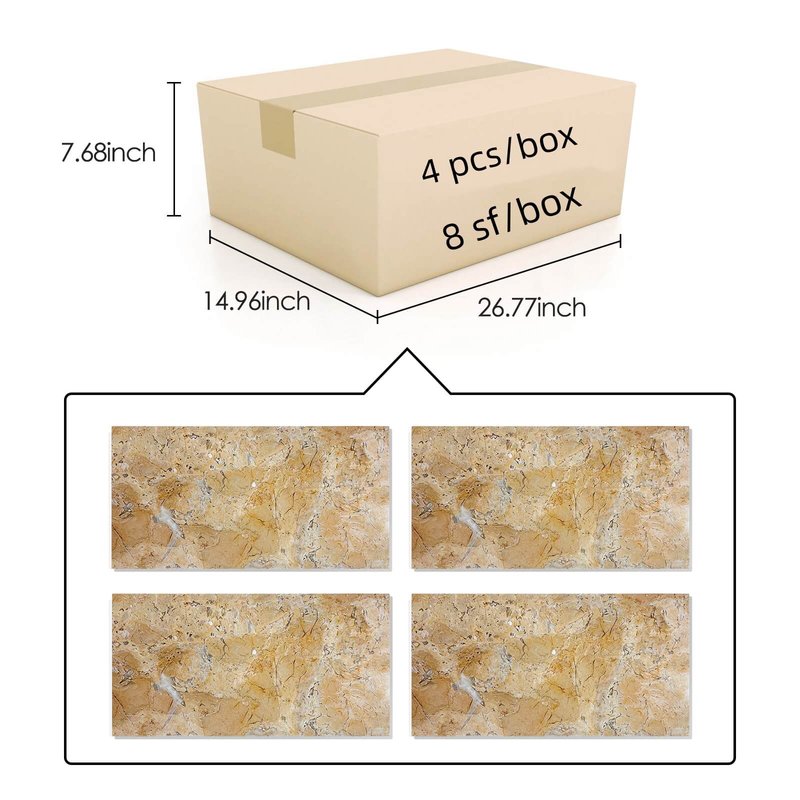 Safe and damage-proof packaging details for 12x24 Hyatt Gold polished tiles, showing 4 pieces and 8 square feet per secure box.